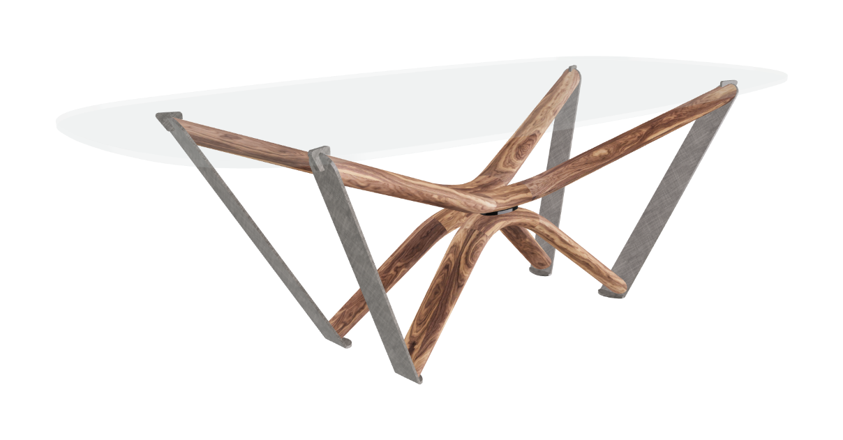 240x120x75.5h Barrel Shaped_Extra Clear Glass_Extra Clear Glass_Walnut Canaletto_Brushed Grey