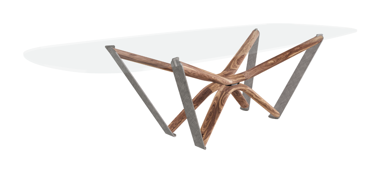300x120x75.5h Barrel Shaped_Extra Clear Glass_Extra Clear Glass_Walnut Canaletto_Brushed Grey