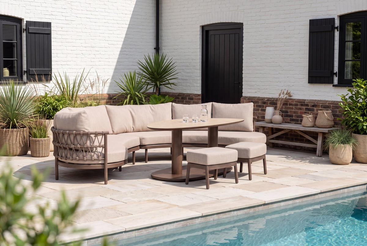4 Seasons Outdoor Piacenza 8 Seat Corner set Pebble Hat140x90cm Ceramic Table & Stools