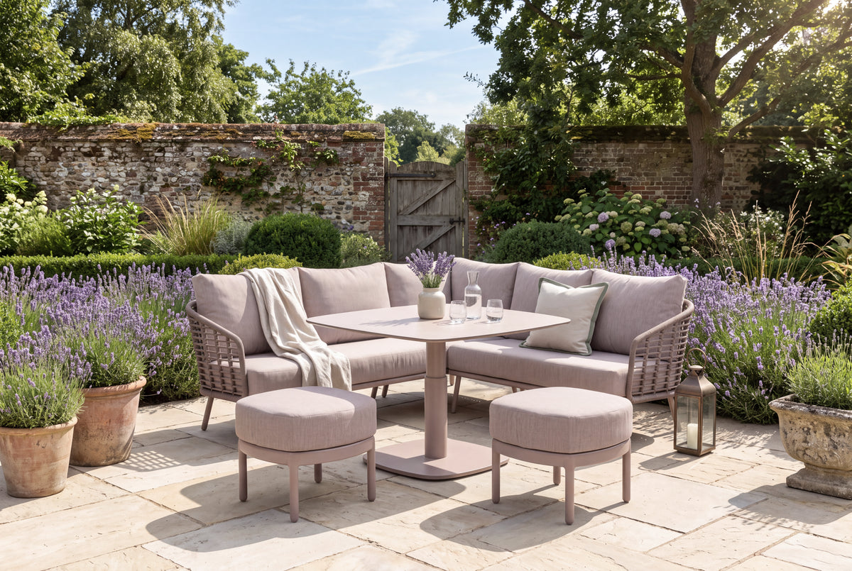 4 Seasons Outdoor Puglia 7 Seat Corner set Paros HAT100cm Drum Ceramic Table & Stools