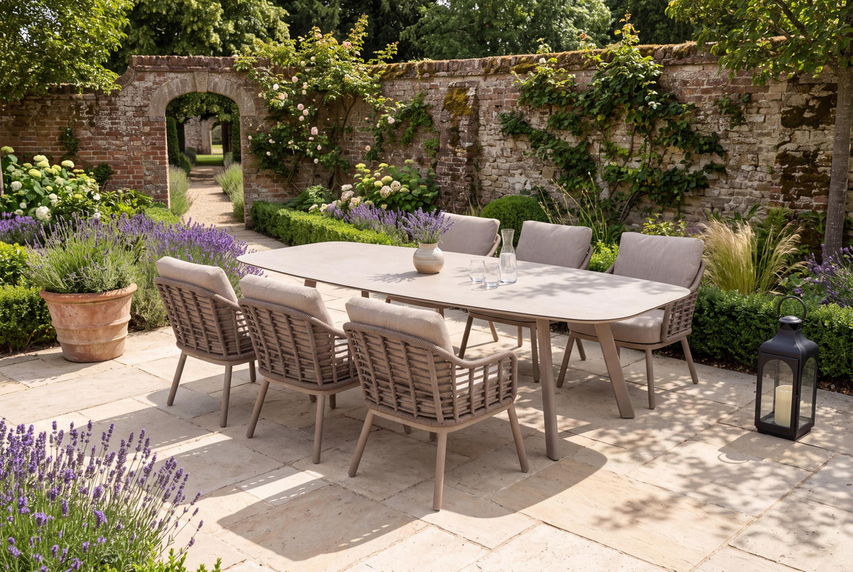 4 Seasons Outdoor Puglia 6 Seat Manolo 250cm Barrel Ceramic Low Dining Table