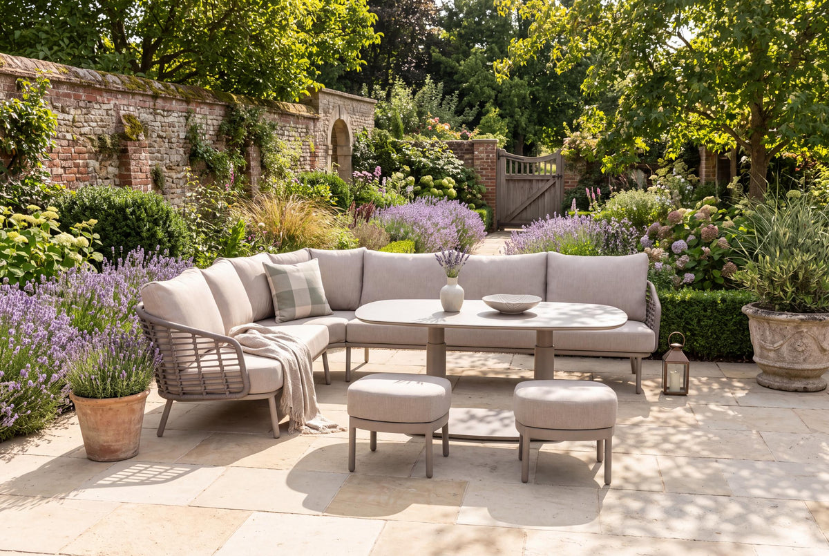 4 Seasons Outdoor Puglia 8 Seat Corner Set Paros 140cm Drum Ceramic Table & Stools
