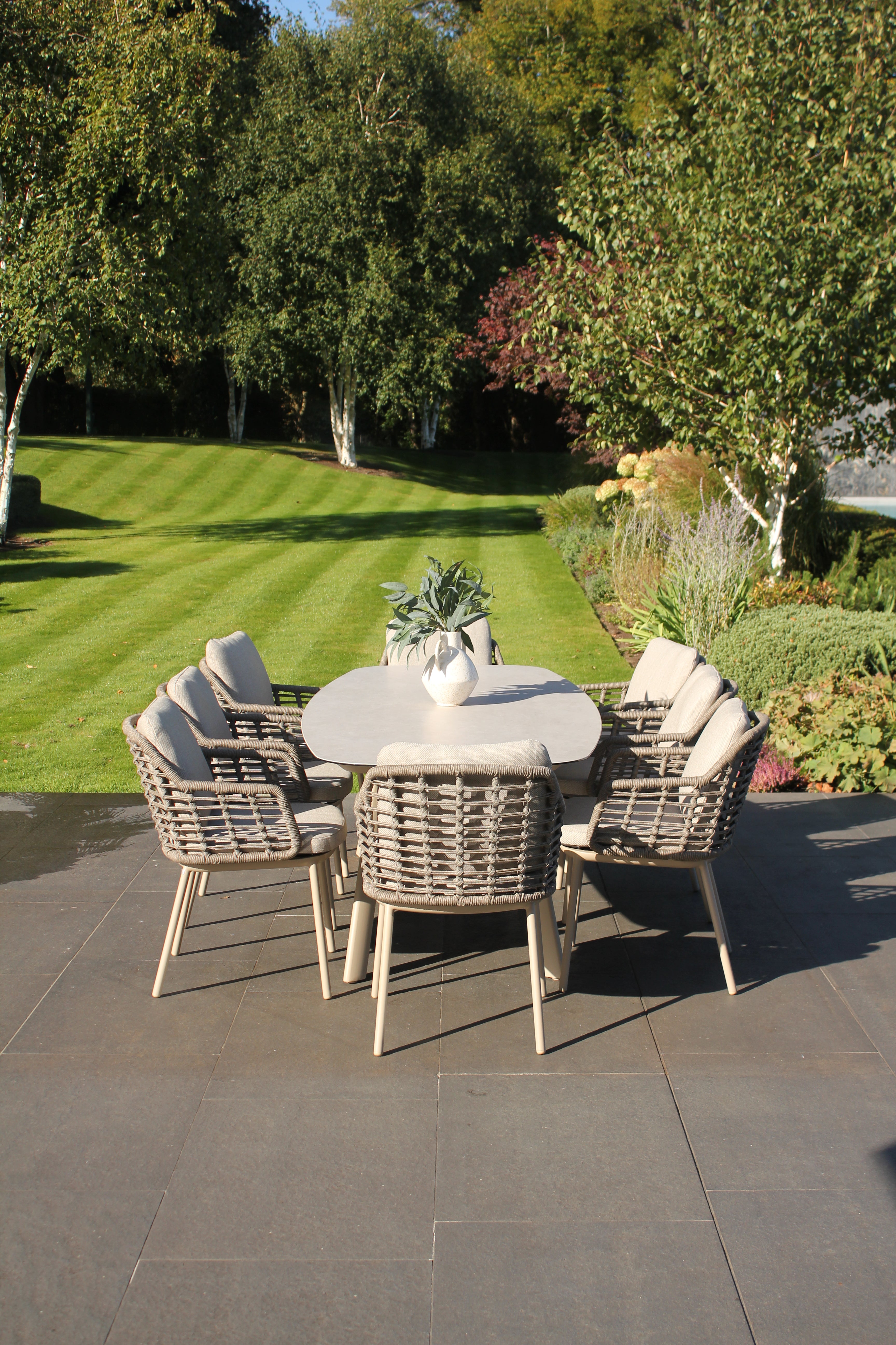 4 Seasons Outdoor Puglia 8 Seat with Manolo 240cm Barrel Ceramic Dining Table