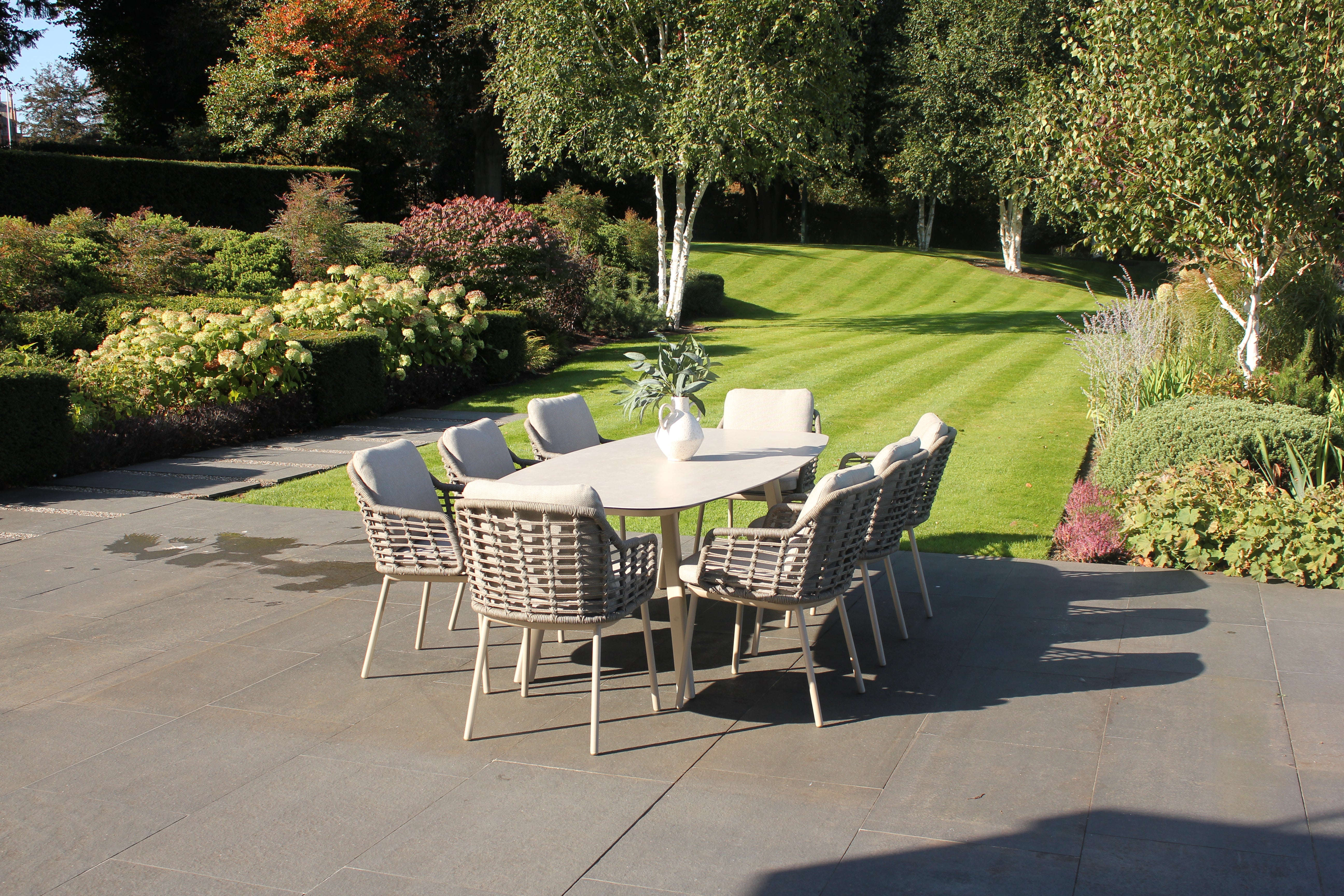 4 Seasons Outdoor Puglia 8 Seat with Manolo 240cm Barrel Ceramic Dining Table