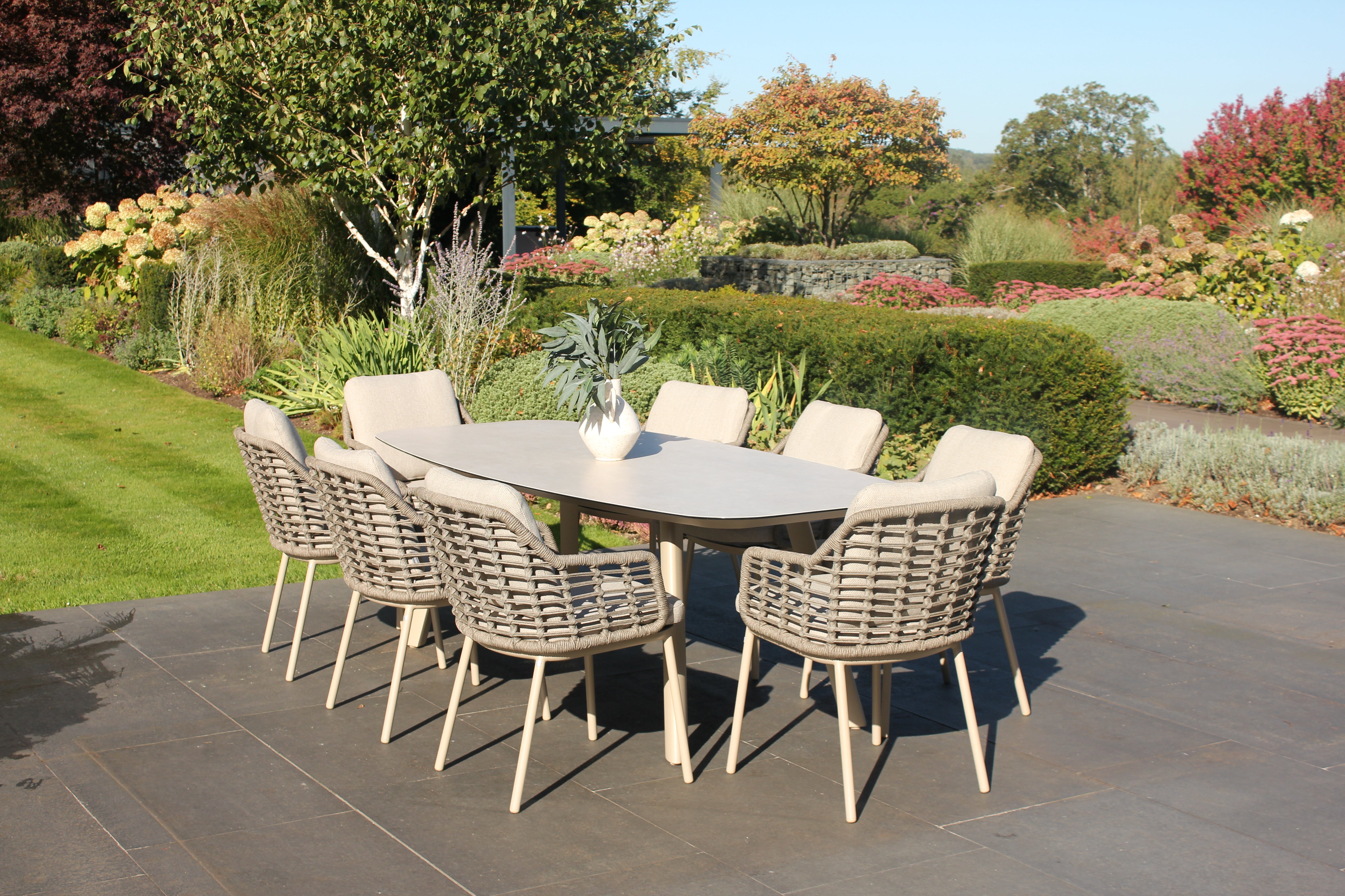 4 Seasons Outdoor Puglia 8 Seat with Manolo 240cm Barrel Ceramic Dining Table