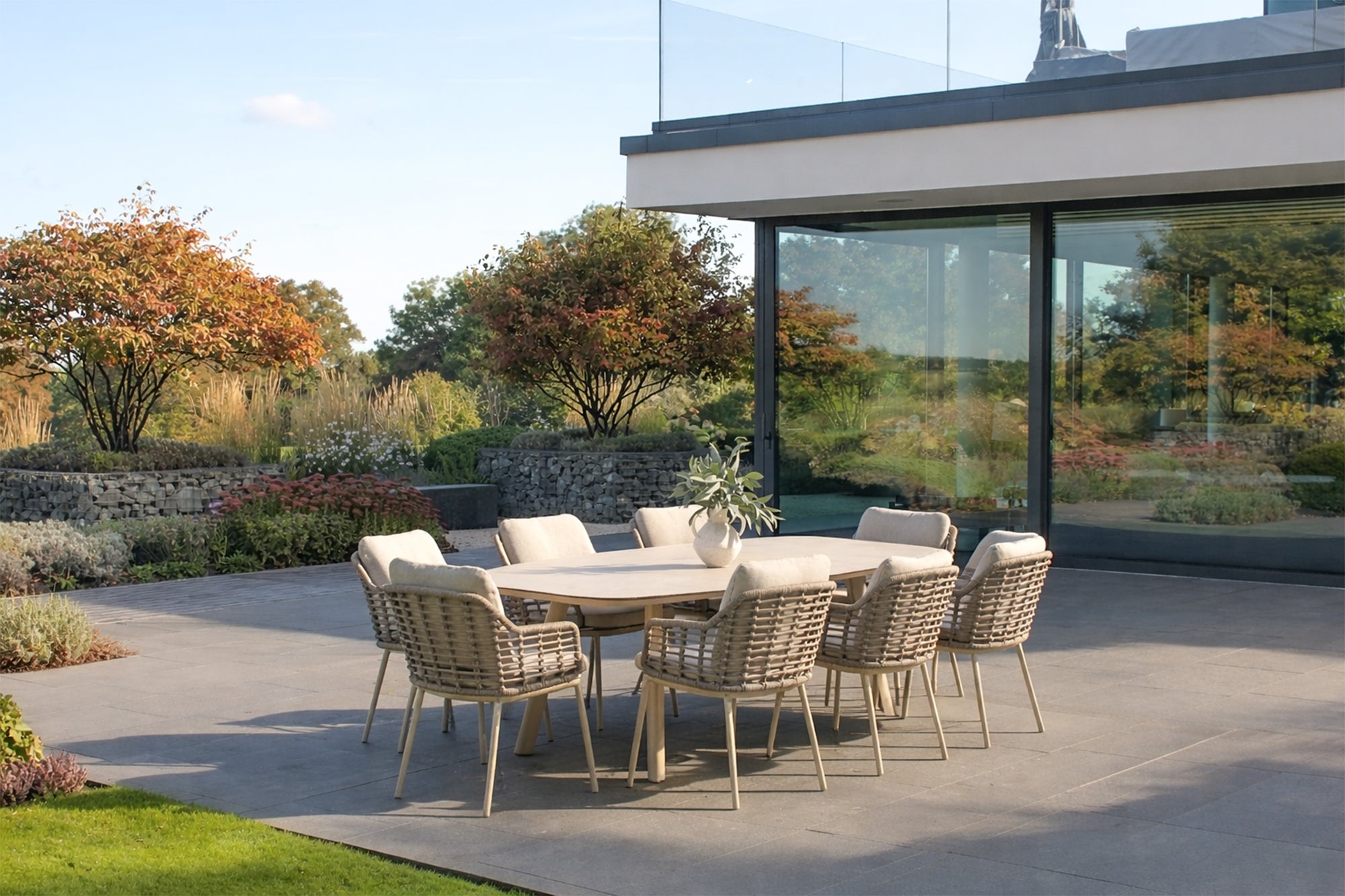 4 Seasons Outdoor Puglia 8 Seat with Manolo 240cm Barrel Ceramic Dining Table