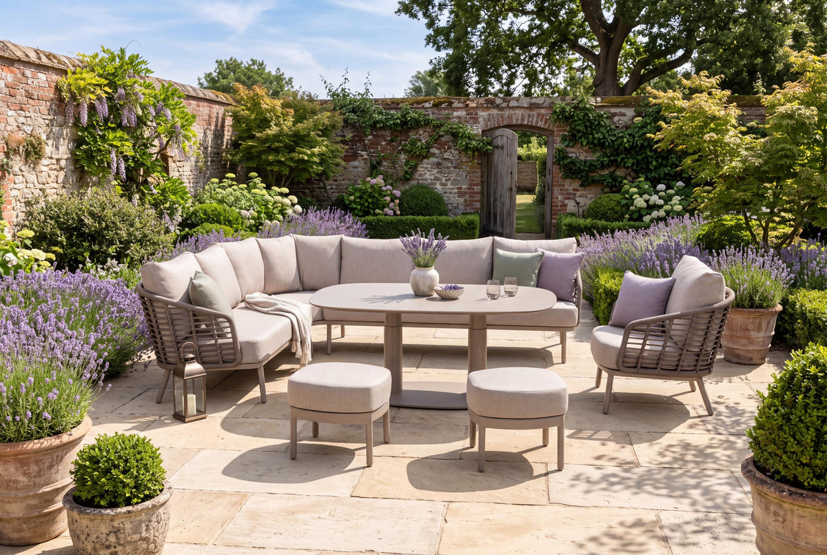 4 Seasons Outdoor Puglia 9 Seat Corner Set with Paros 140cm Drum Ceramic Table, Stools & Armchair