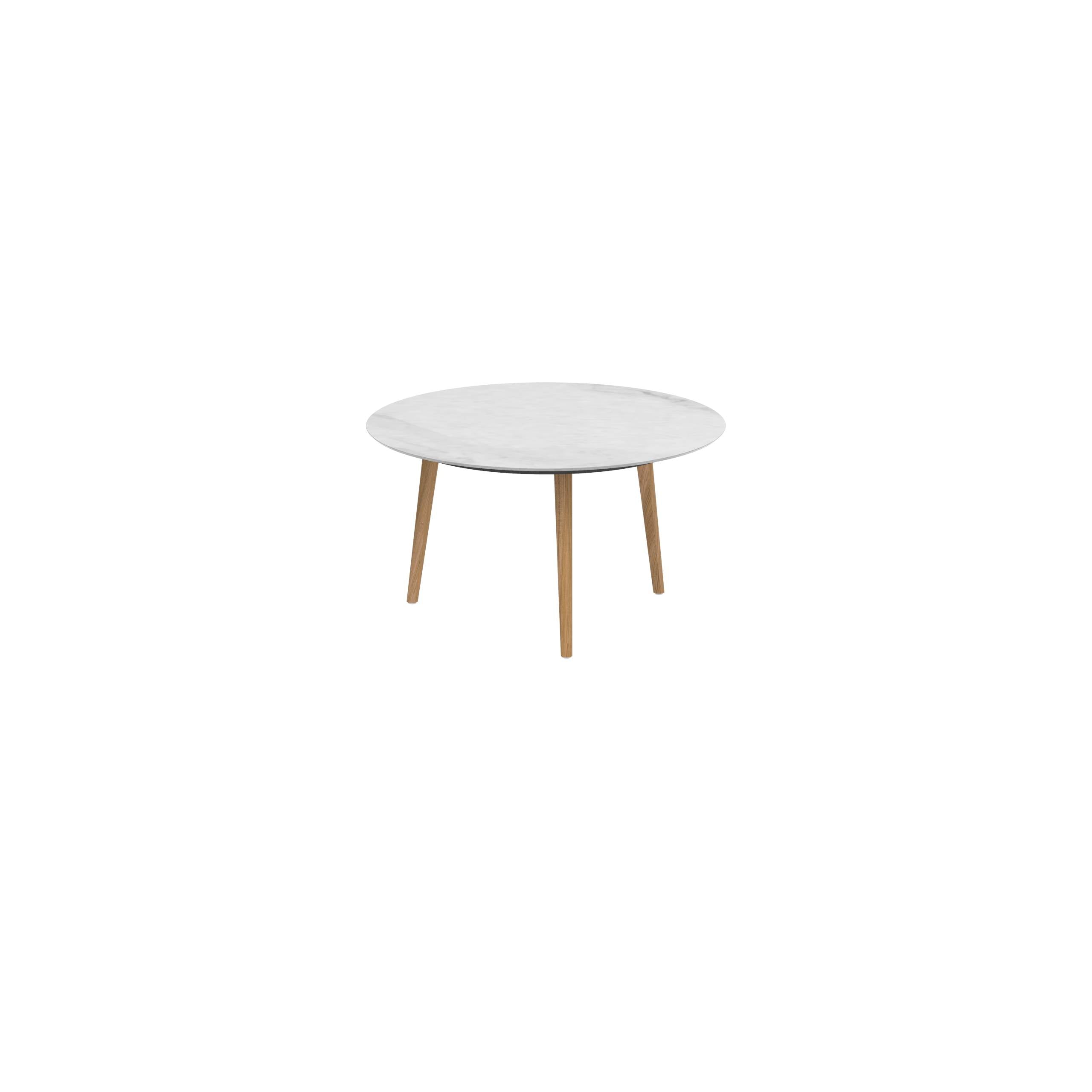 Styletto Low Dining Table Ø 120cm Teak Legs Ceramic Top Bianco Statuario