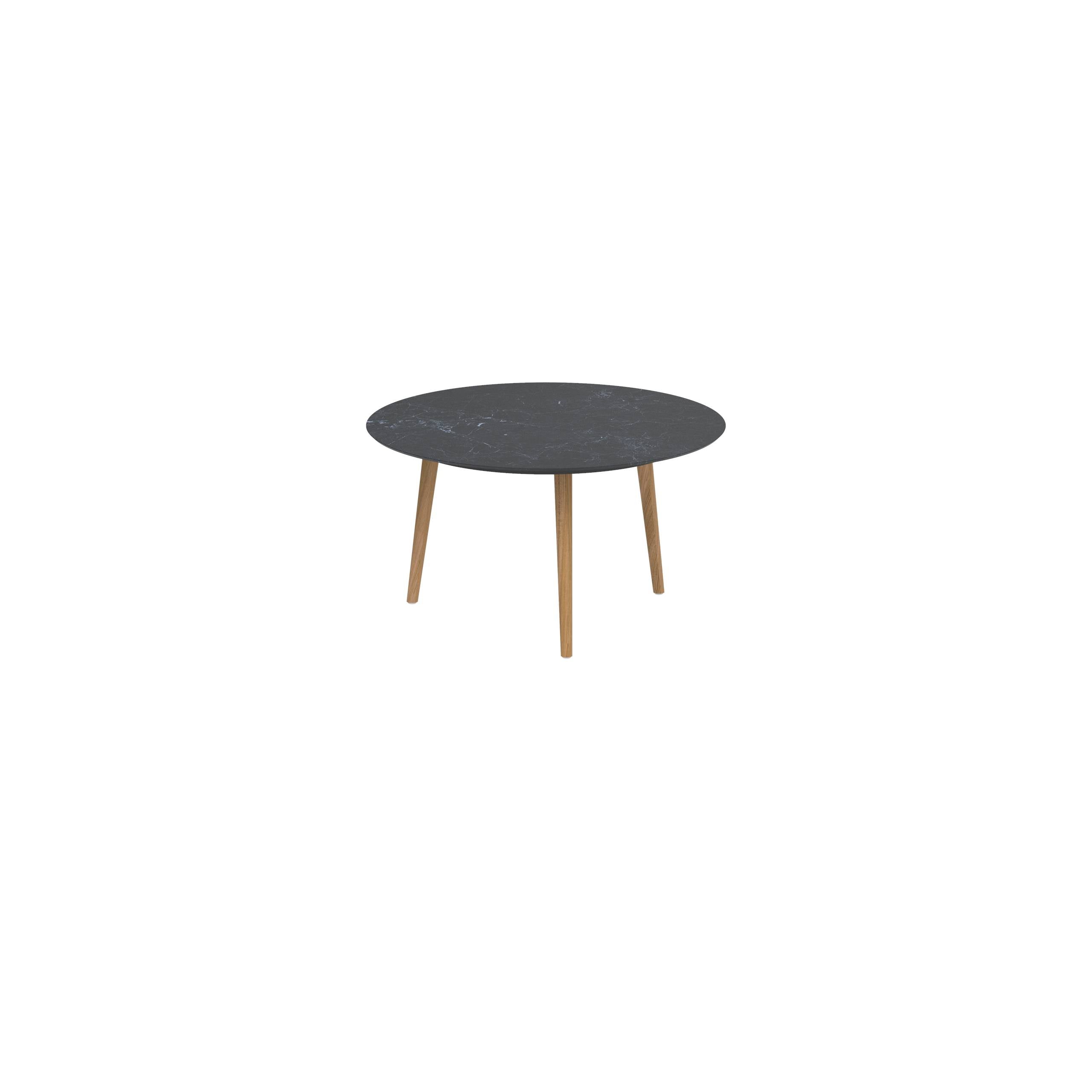 Styletto Low Dining Table Ø 120cm Teak Legs Ceramic Top Nero Marquina