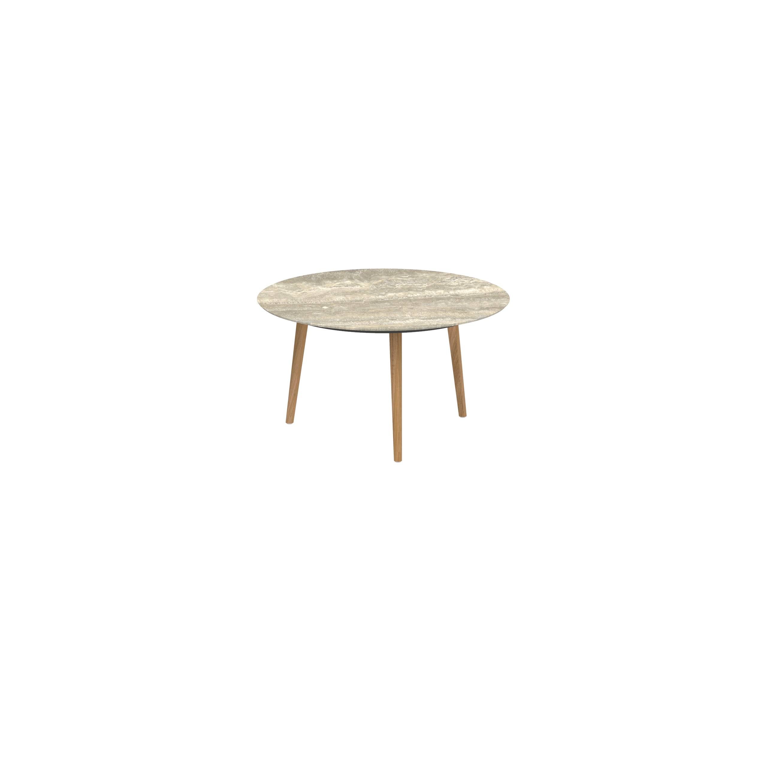 Styletto Low Dining Table Ø 120cm Teak Legs Ceramic Top Travertino