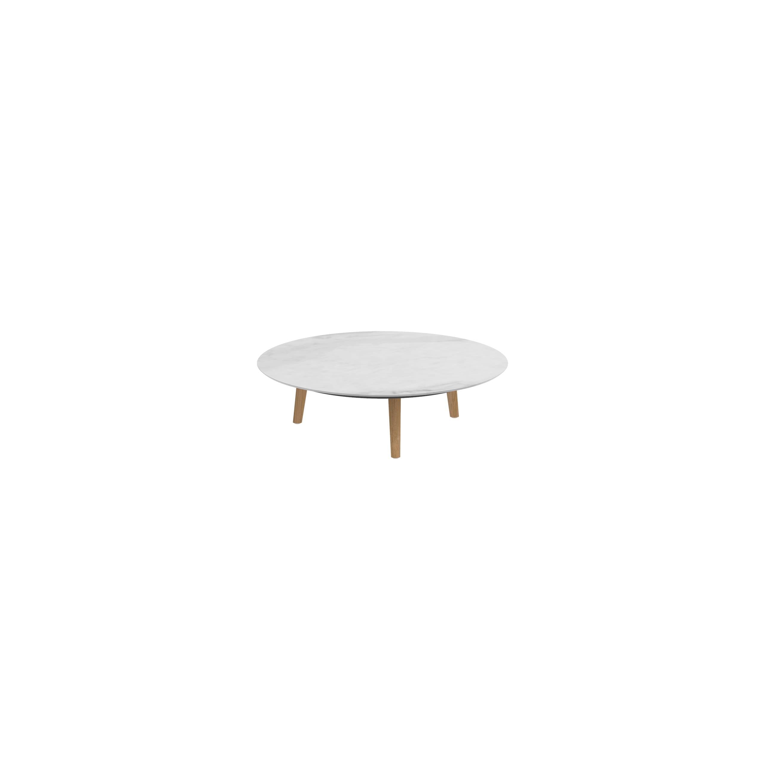 Styletto Low Lounge Table Ø 120cm Teak Legs Ceramic Top Bianco Statuario