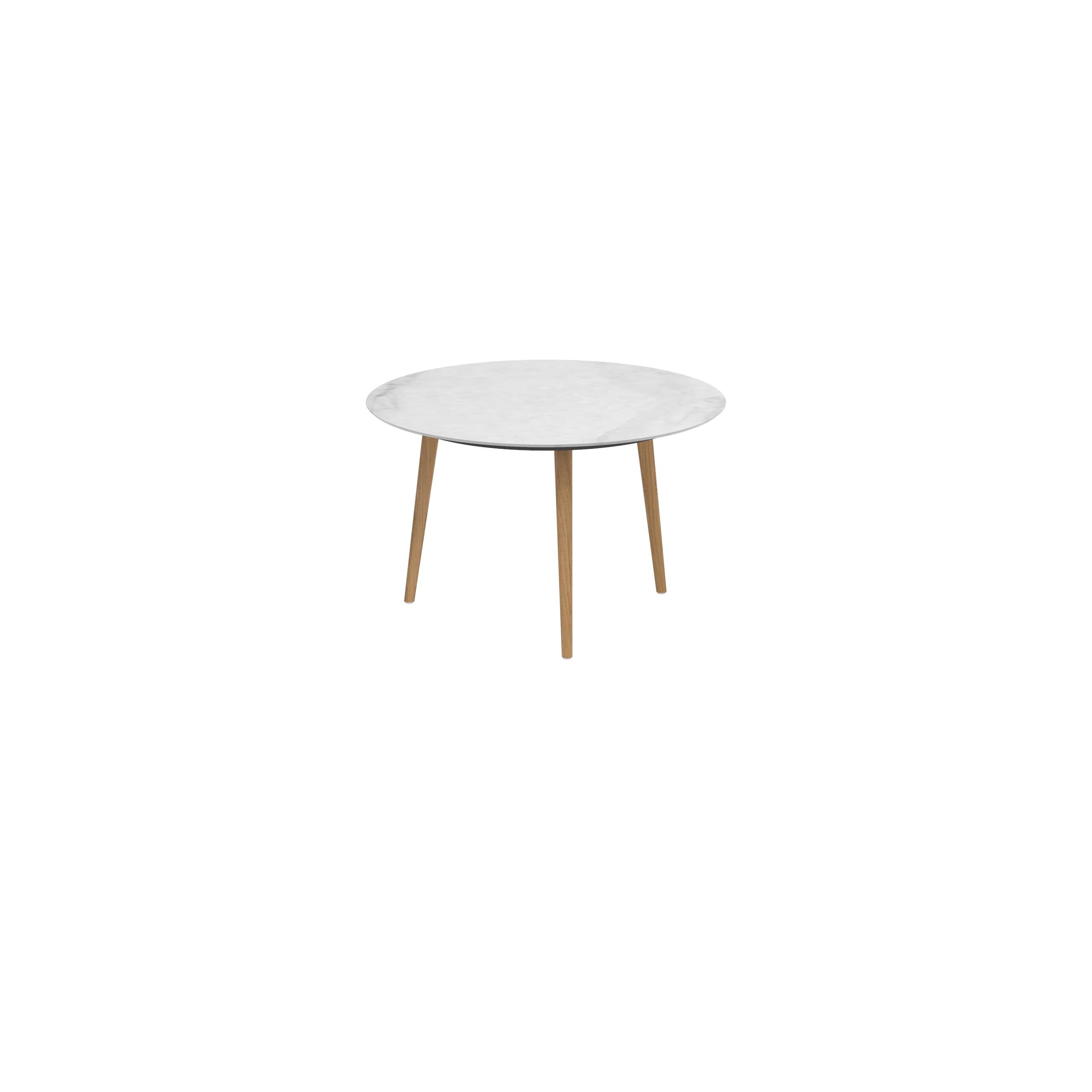 Styletto Standard Dining Table Ø 120cm Teak Legs Ceramic Top Bianco Statuario