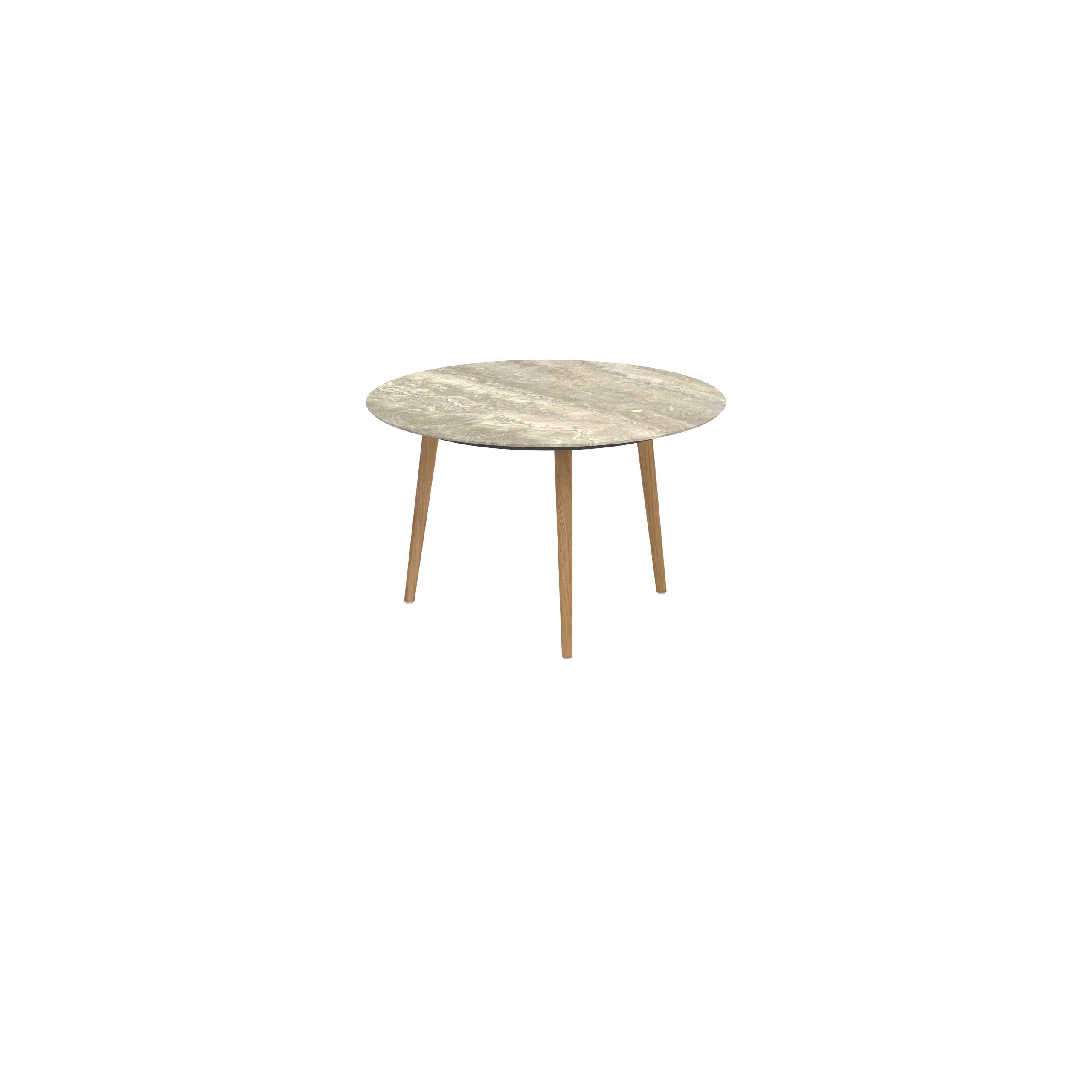 Styletto Standard Dining Table Ø 120cm Teak Legs Ceramic Top Travertino