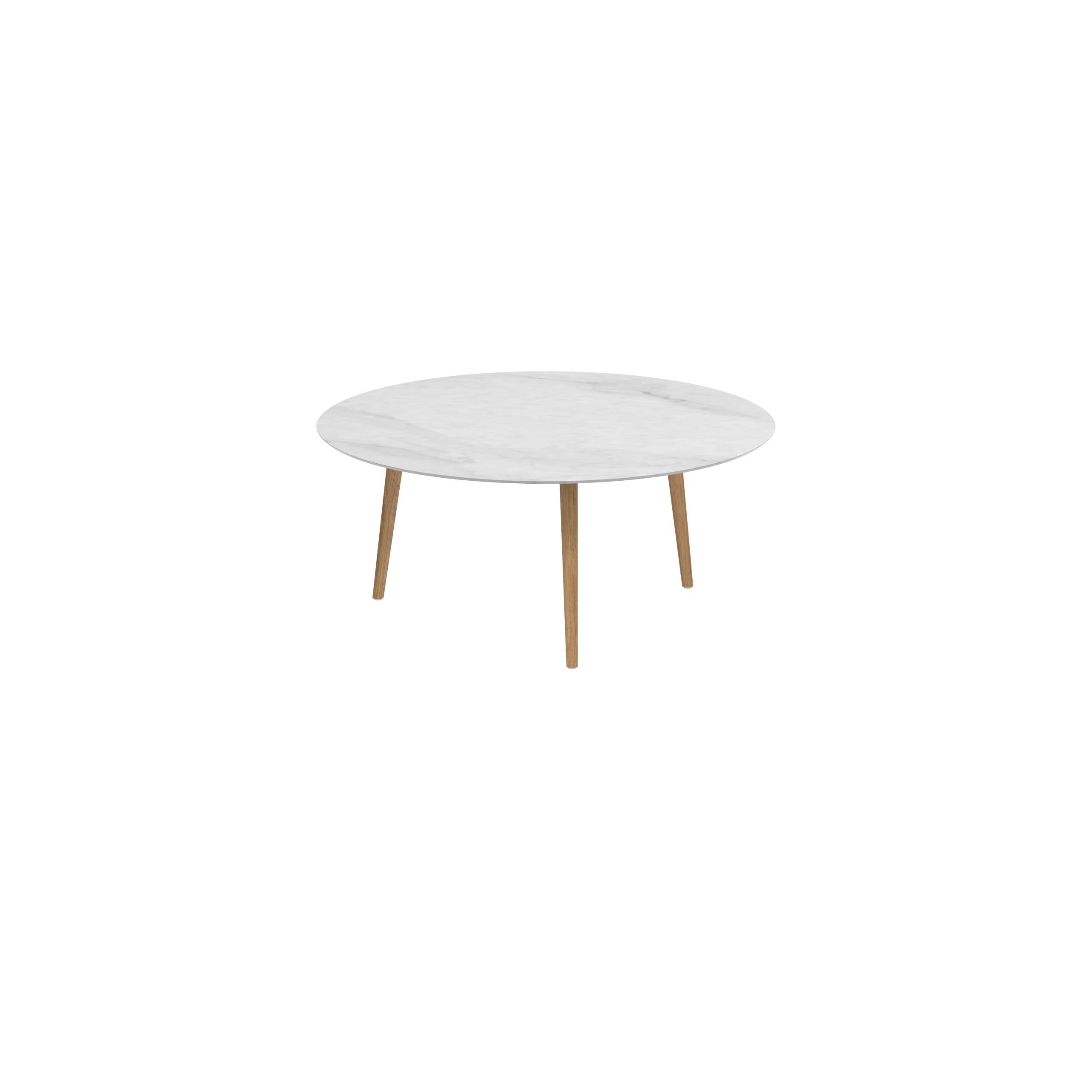 Styletto Low Dining Table Ø 160cm Teak Legs Ceramic Top Bianco Statuario