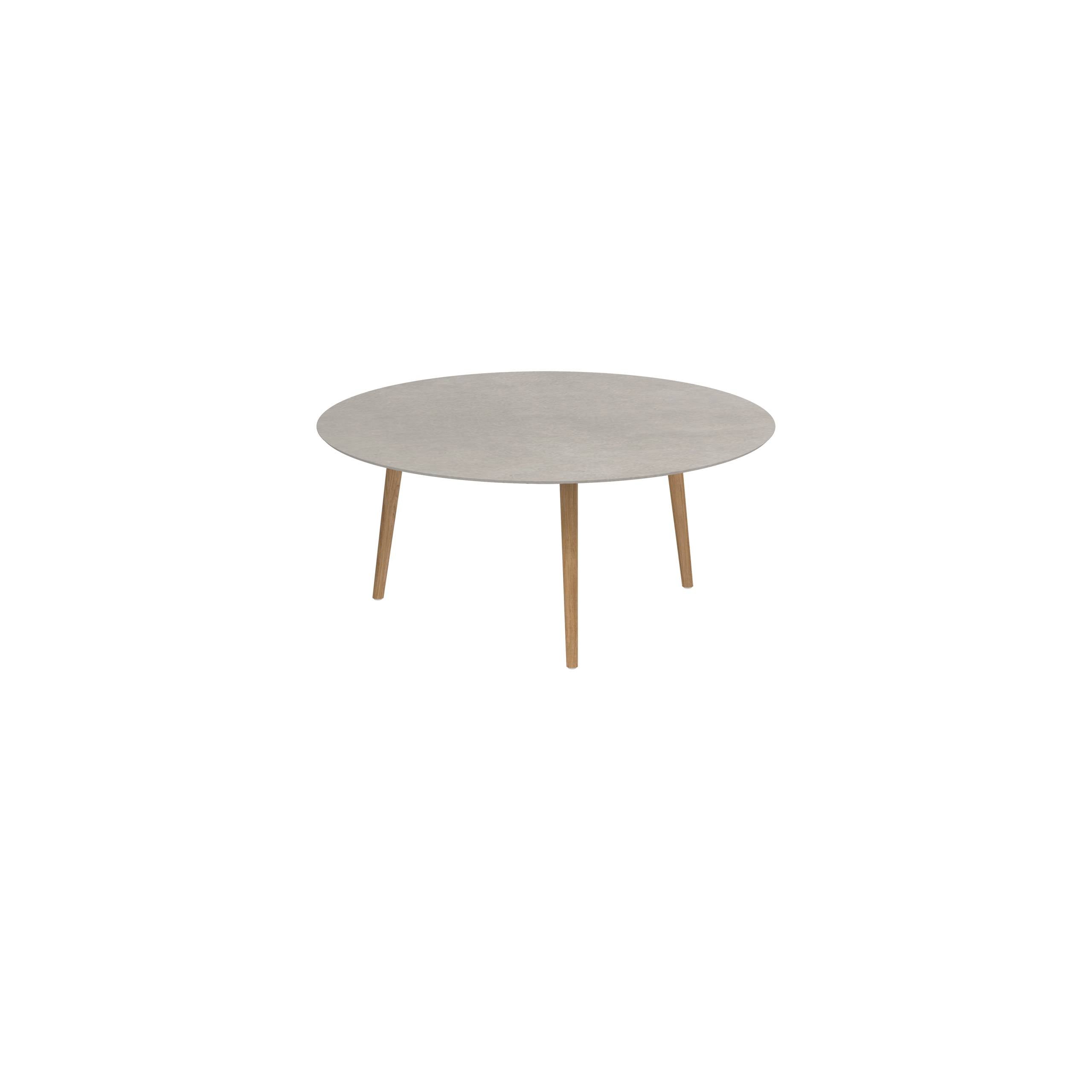 Styletto Low Dining Table Ø 160cm Teak Legs Ceramic Top Cemento Luminoso