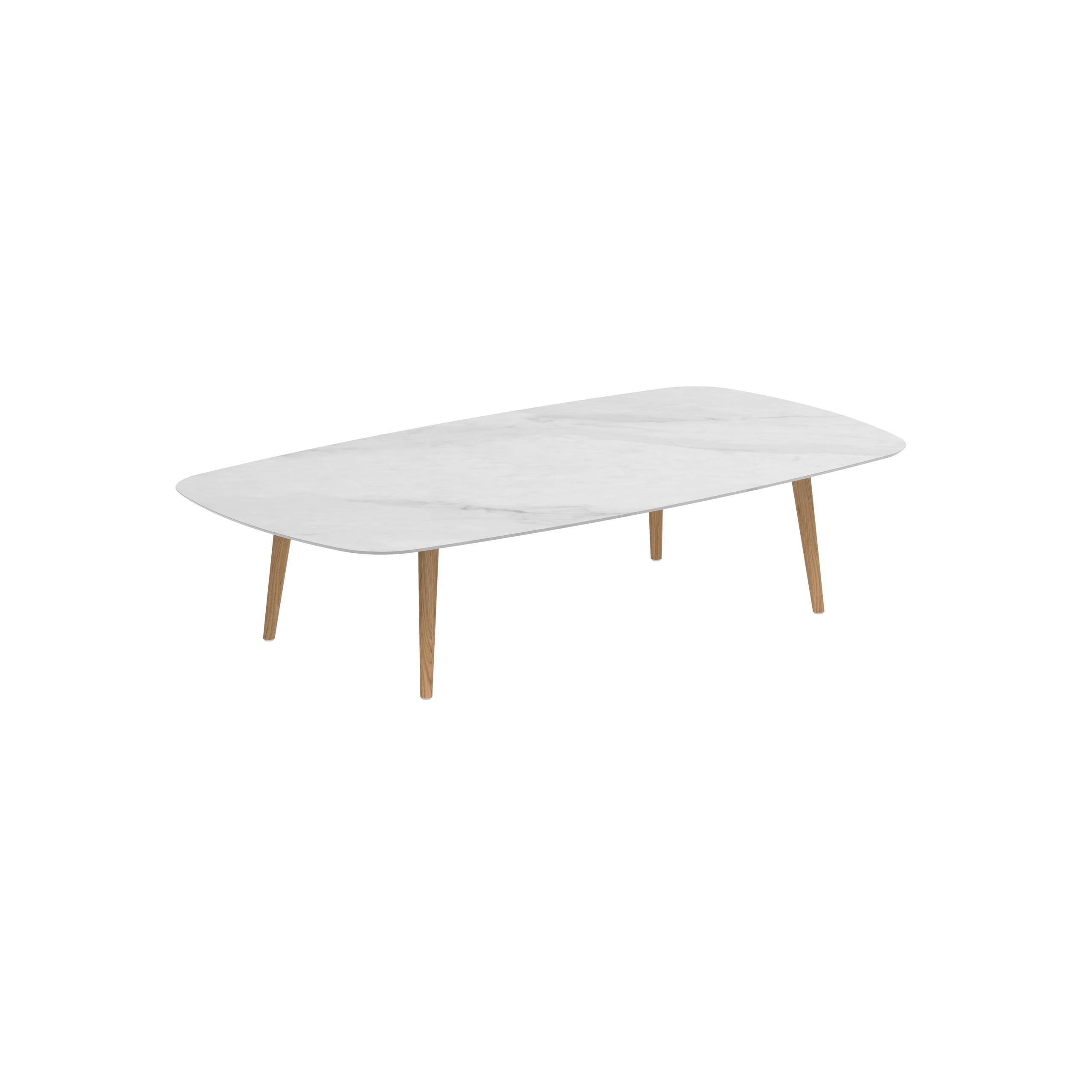 Styletto High Lounge Table 220x120cm Teak Legs Ceramic Tabletop Bianco Statuario