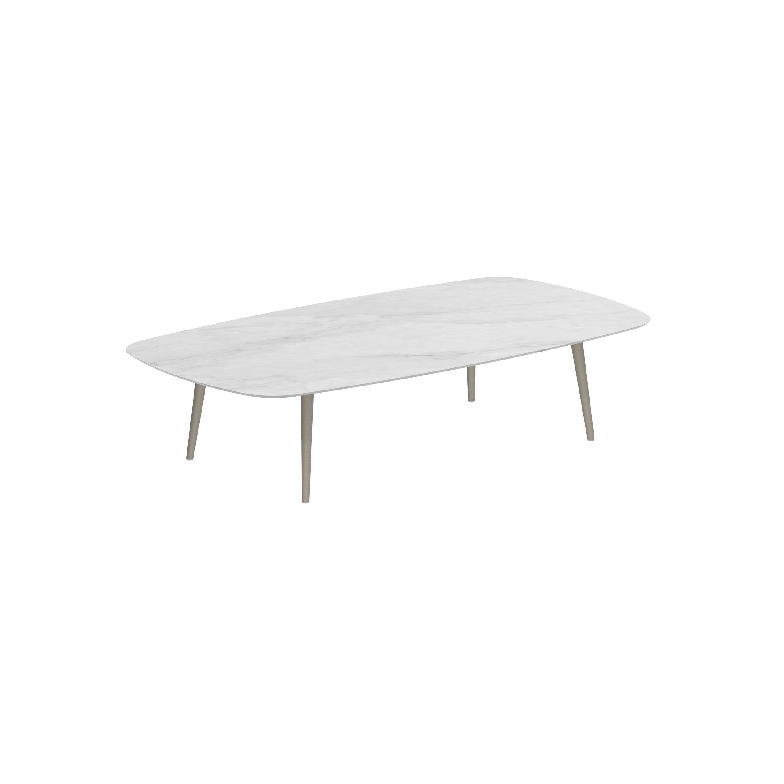 Styletto High Lounge Table 220x120cm Alu Legs Sand Ceramic Tabletop Bianco Statuario