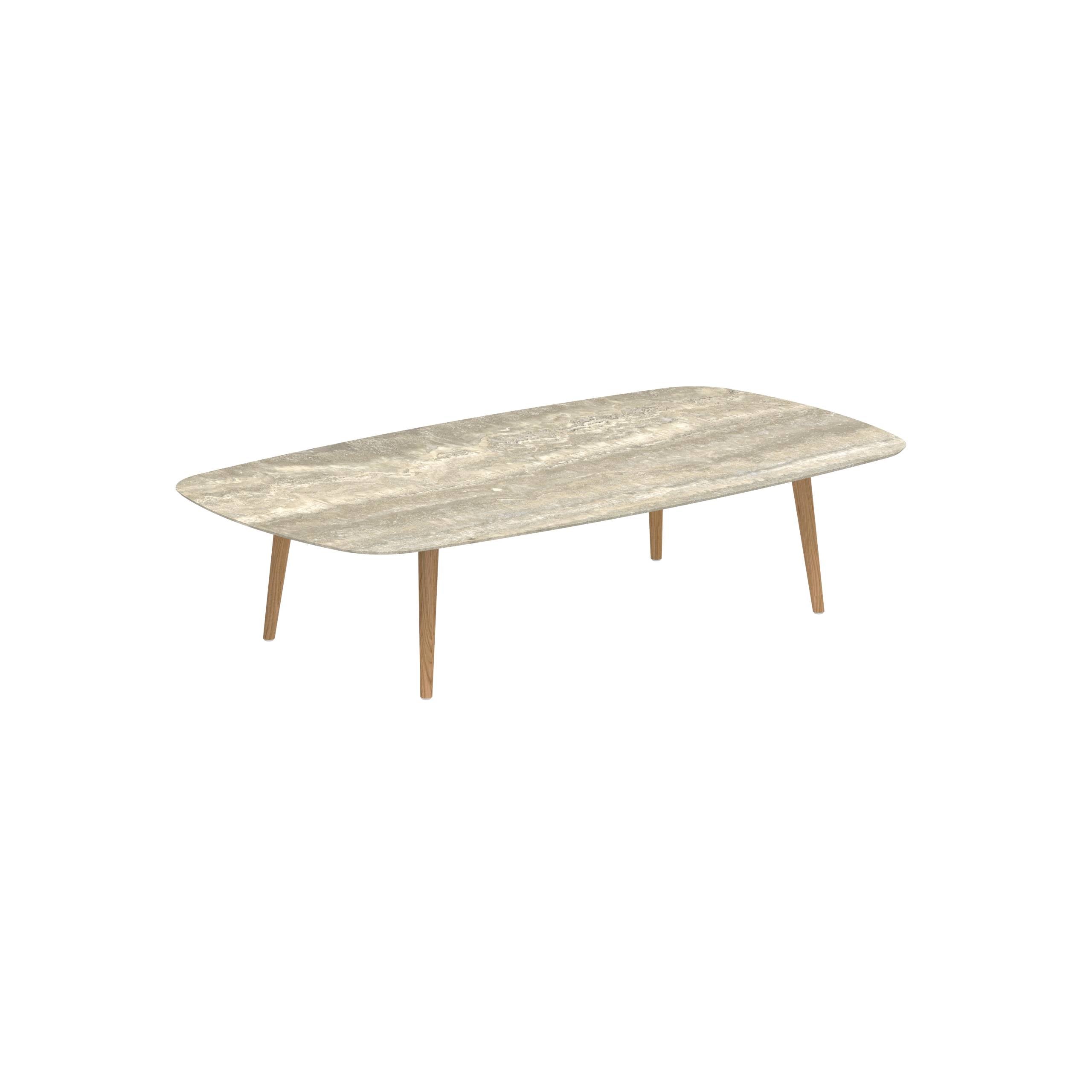 Styletto High Lounge Table 220x120cm Teak Legs Ceramic Tabletop Travertino