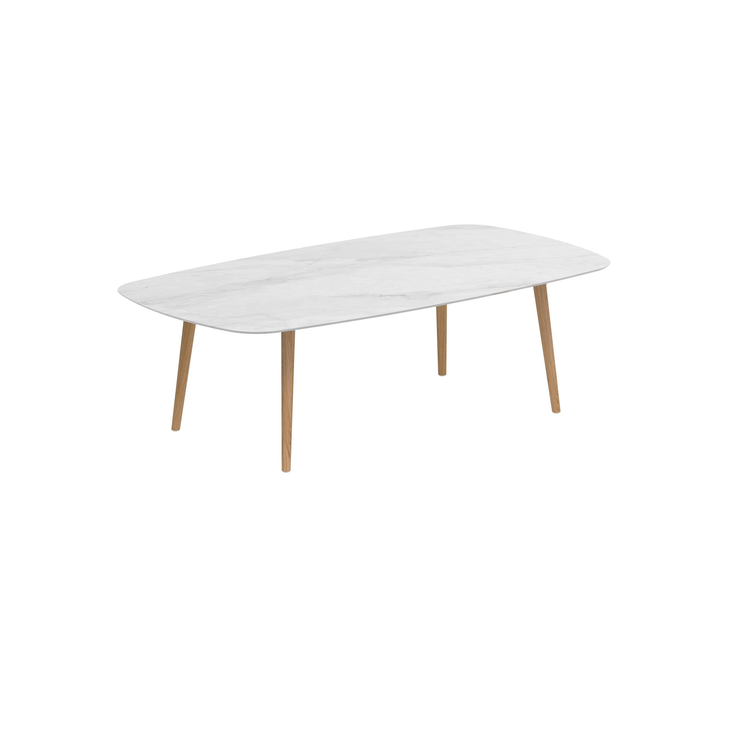 Styletto Low Dining Table 220x120cm Teak Legs Ceramic Tabletop Bianco Statuario