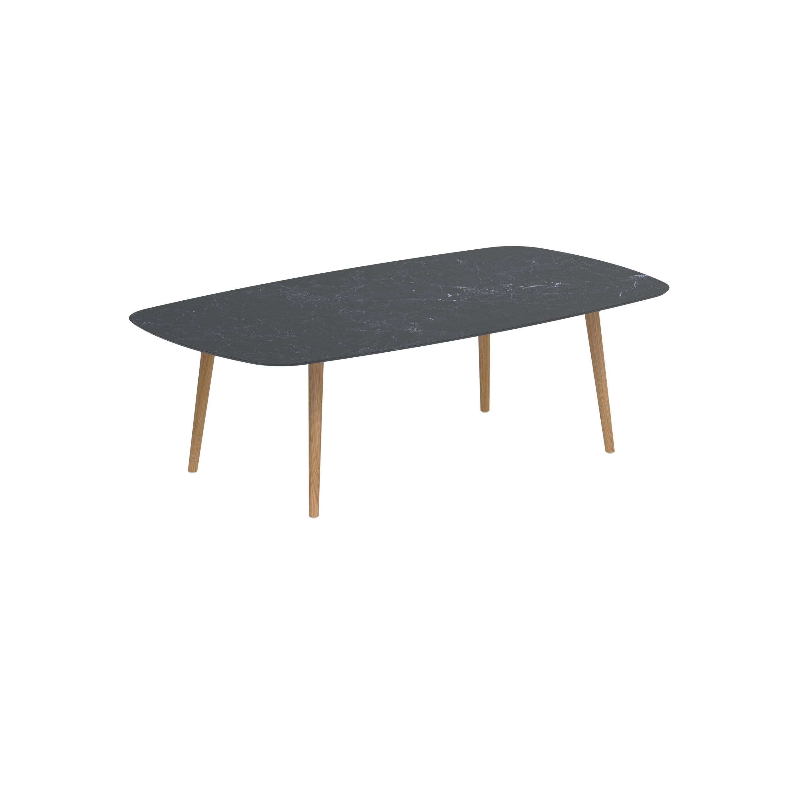 Styletto Low Dining Table 220x120cm Teak Legs Ceramic Tabletop Nero Marquina