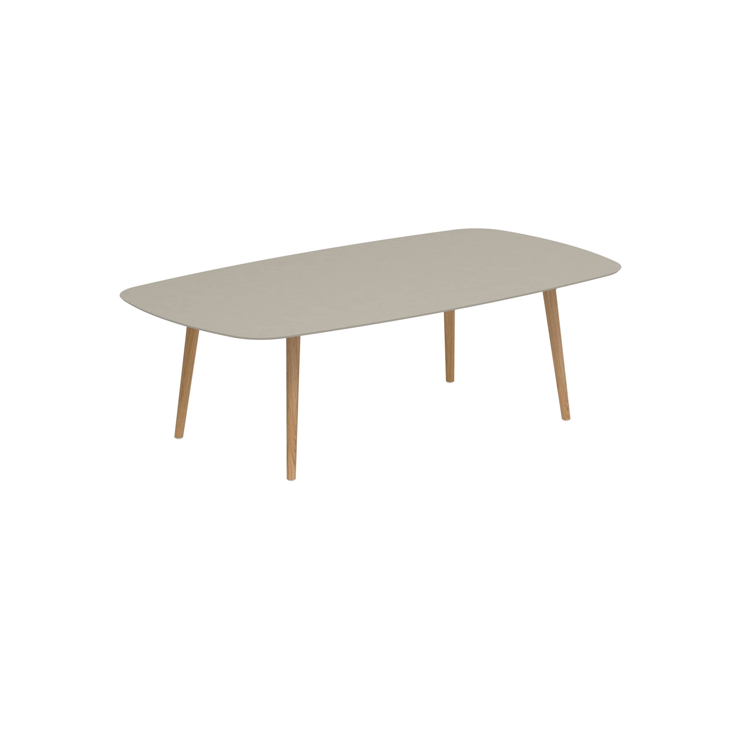 Styletto Low Dining Table 220x120cm Teak Legs Ceramic Tabletop Pearl Grey