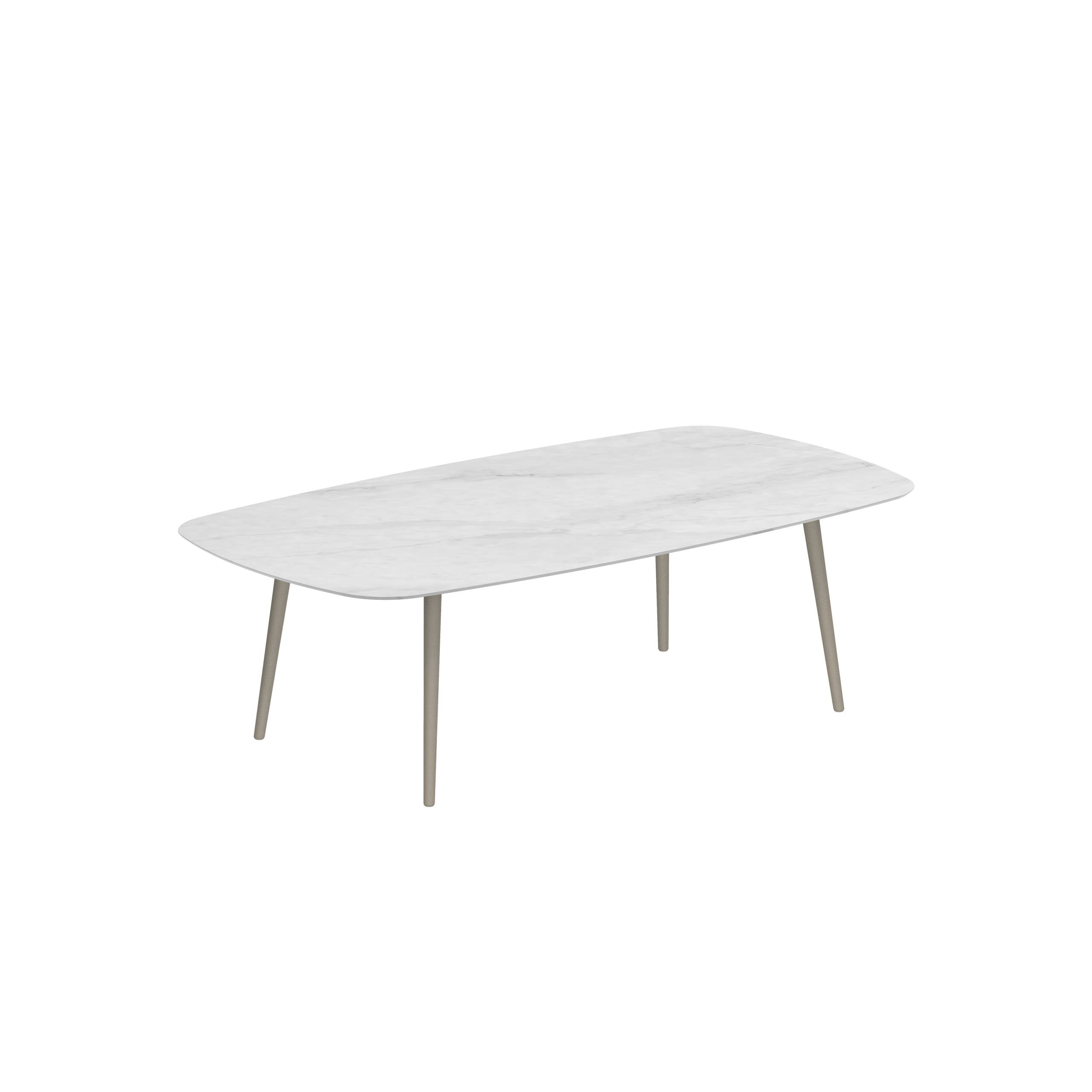 Styletto Low Dining Table 220x120cm Alu Legs Sand Ceramic Tabletop Bianco Statuario