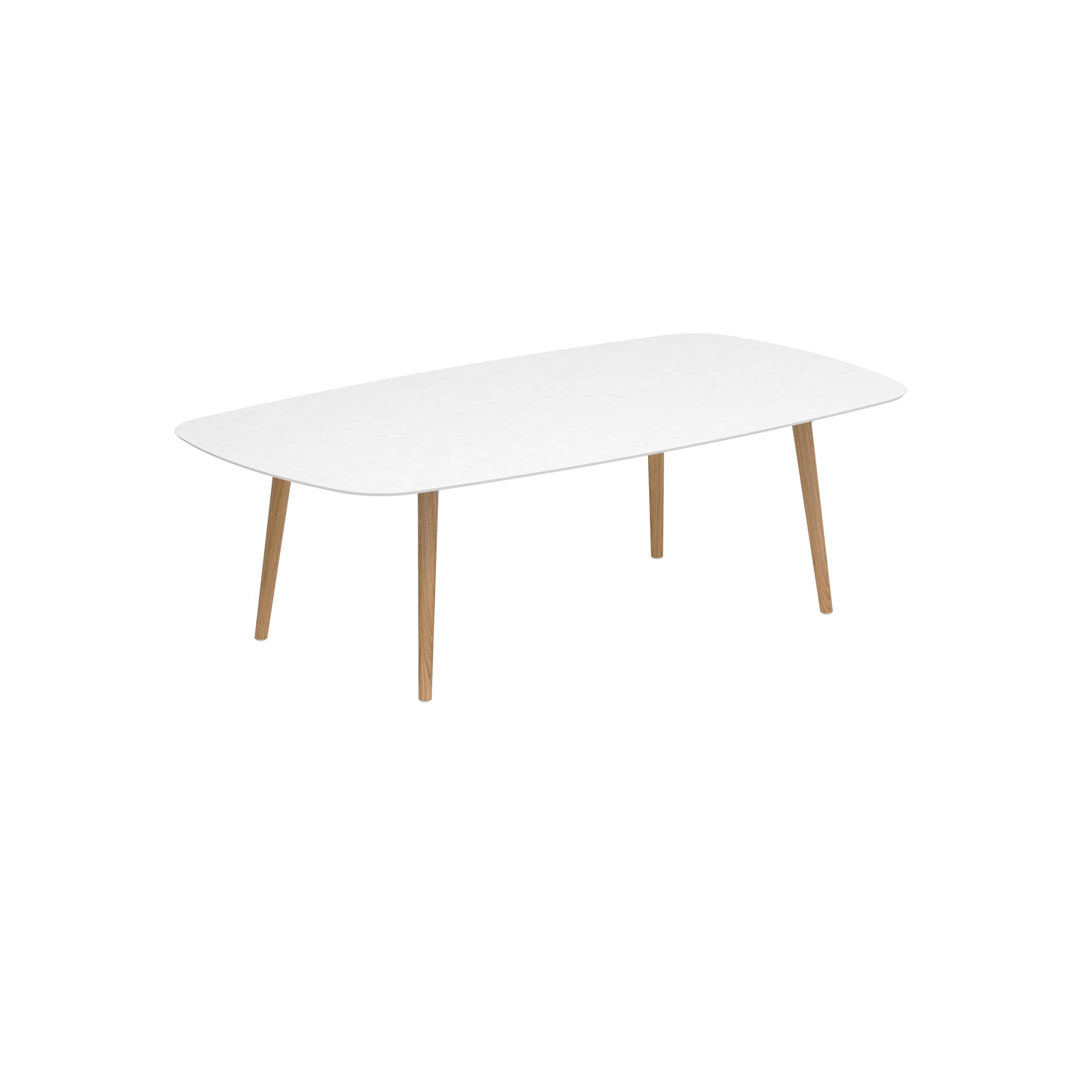 Styletto Low Dining Table 220x120cm Teak Legs Ceramic Tabletop White