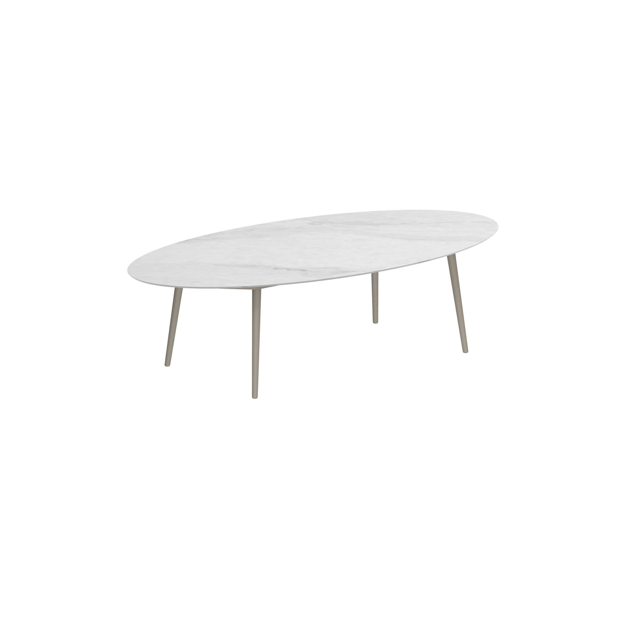 Styletto Low Dining Table 250x130cm Alu Legs Sand Ceramic Tabletop Bianco Statuario