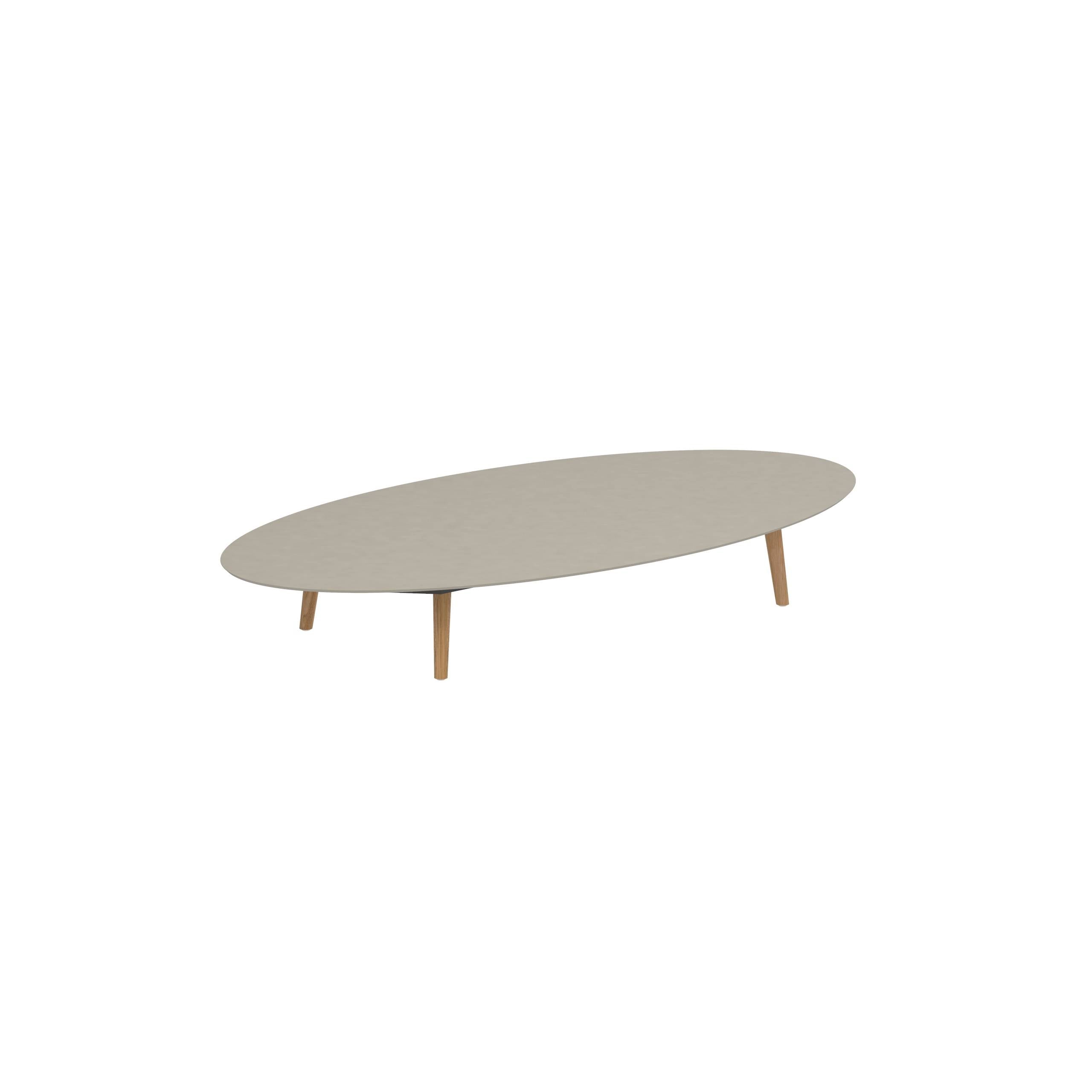 Styletto Low Lounge Table 250x130cm Teak Legs Ceramic Tabletop Pearl Grey