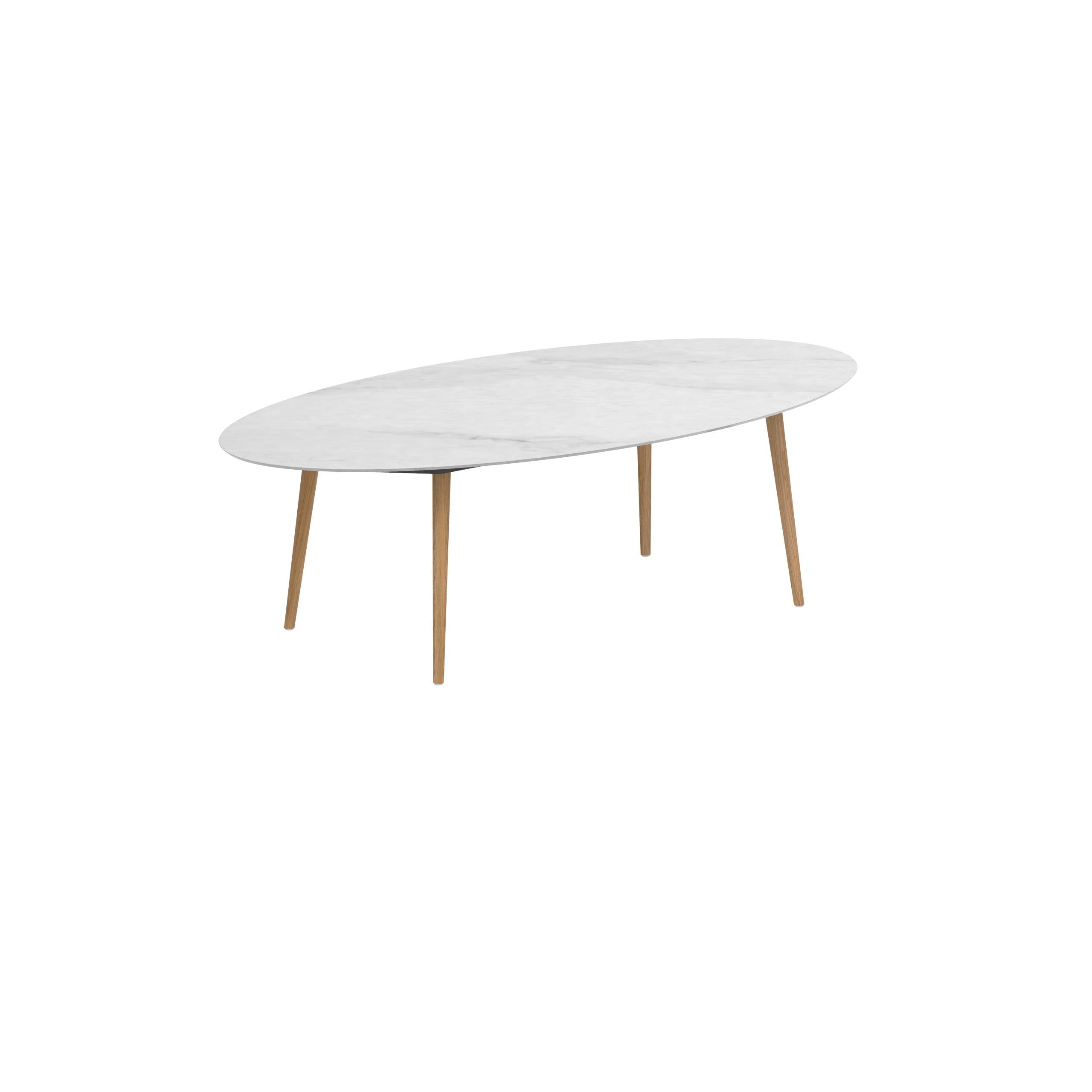 Styletto Standard Dining Table 250x130cm Teak Legs Ceramic Tabletop Bianco Statuario