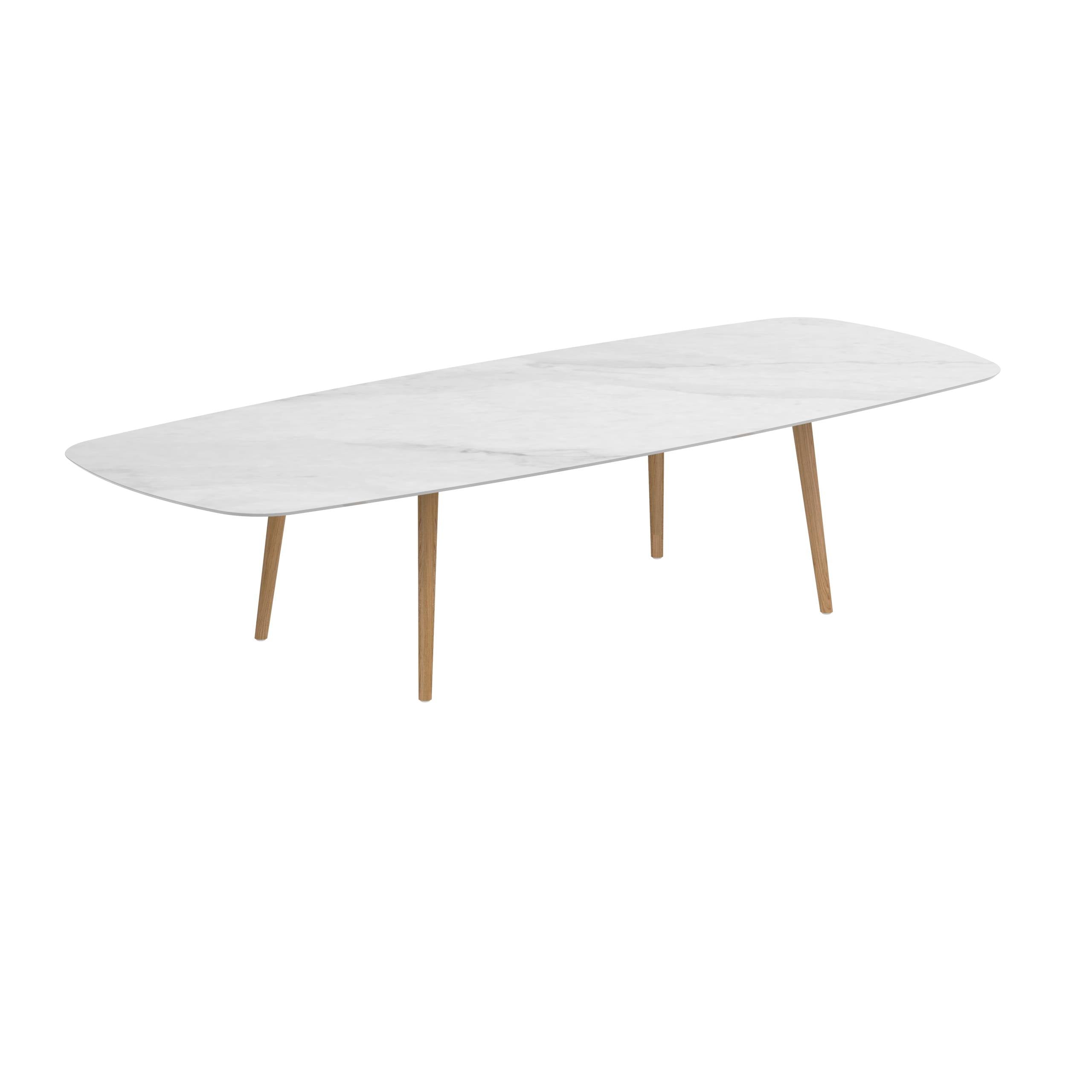 Styletto Low Dining Table 300x120cm Teak Legs Ceramic Top Bianco Statuario