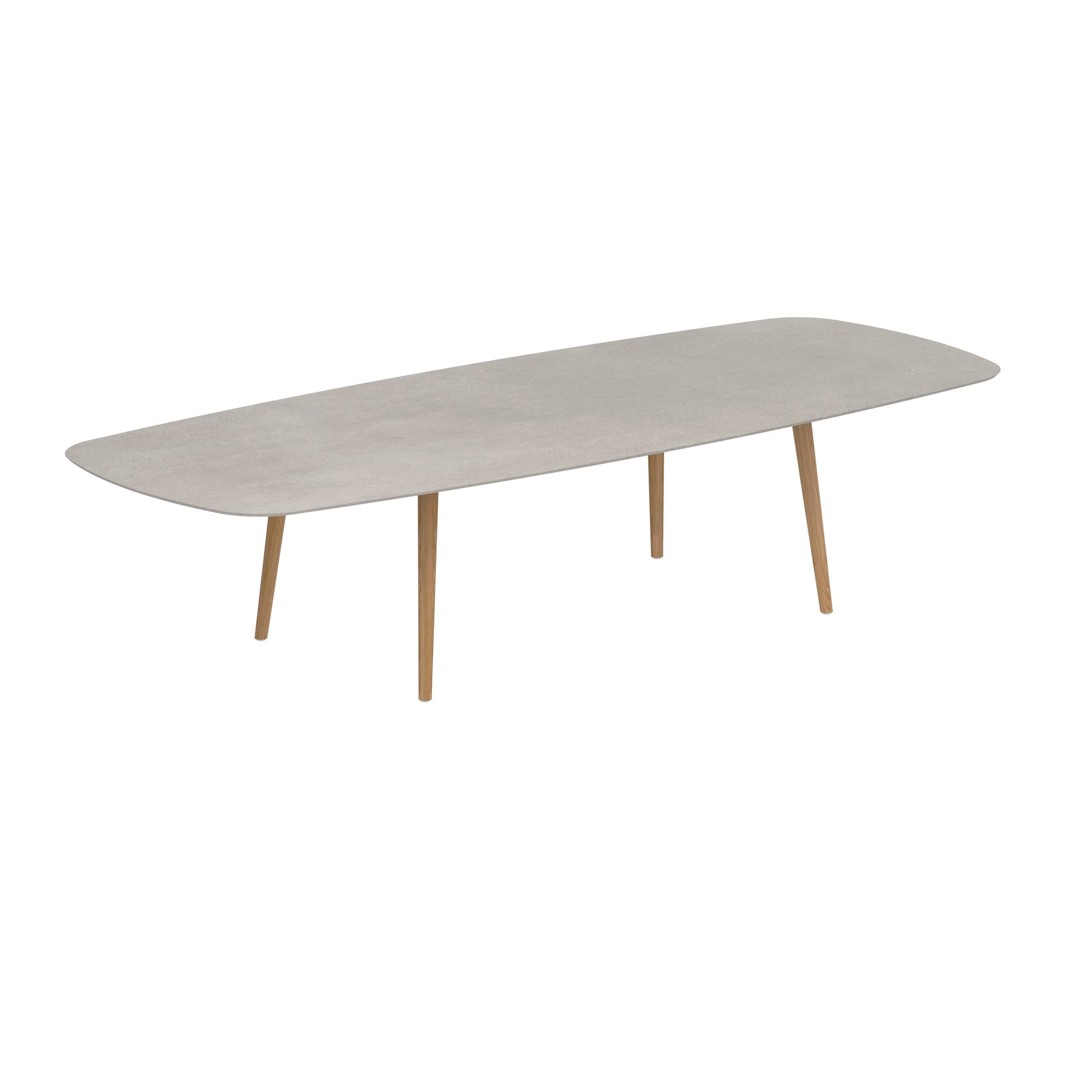 Styletto Low Dining Table 300x120cm Teak Legs Ceramic Top Cemento Luminoso