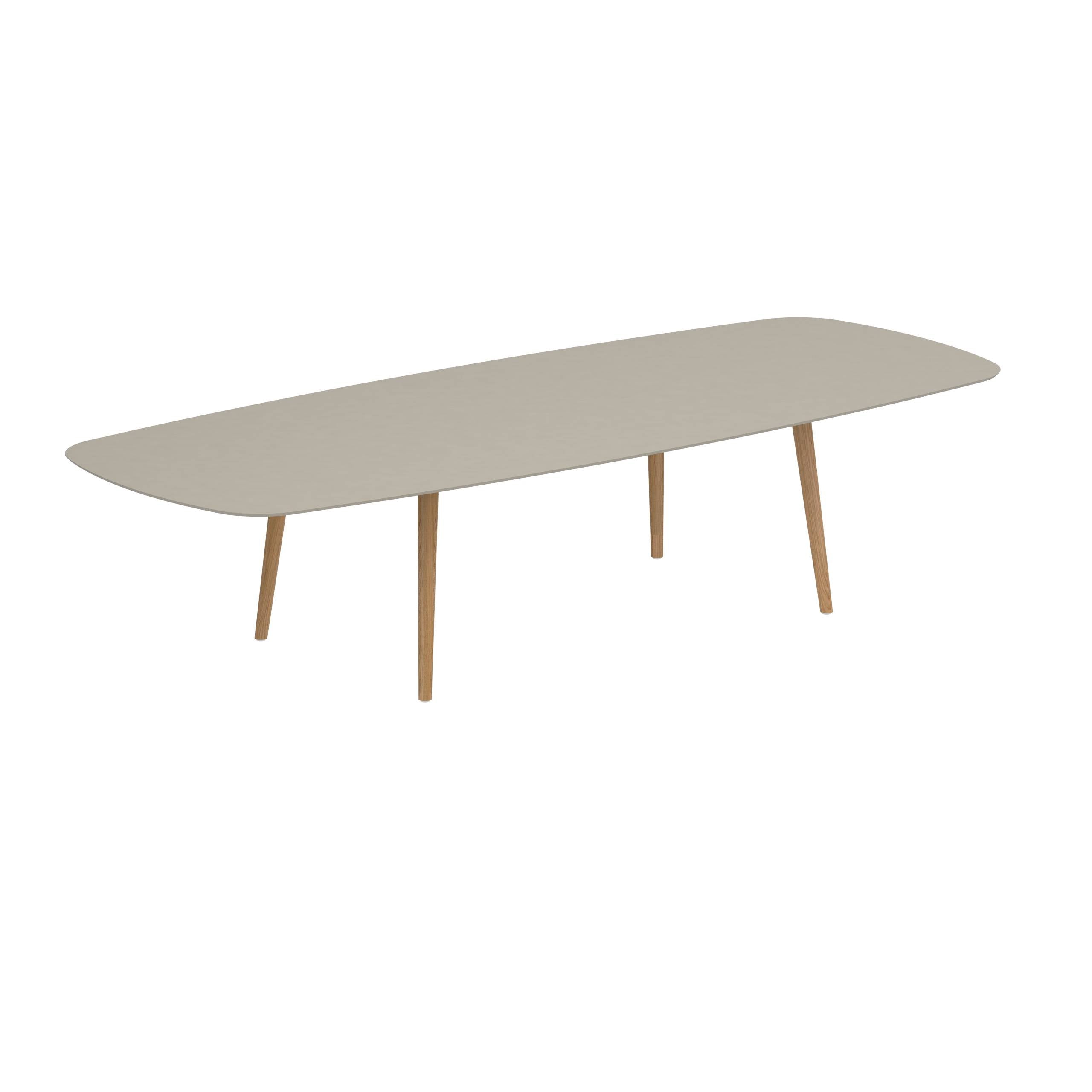 Styletto Low Dining Table 300x120cm Teak Legs Ceramic Top Pearl Grey