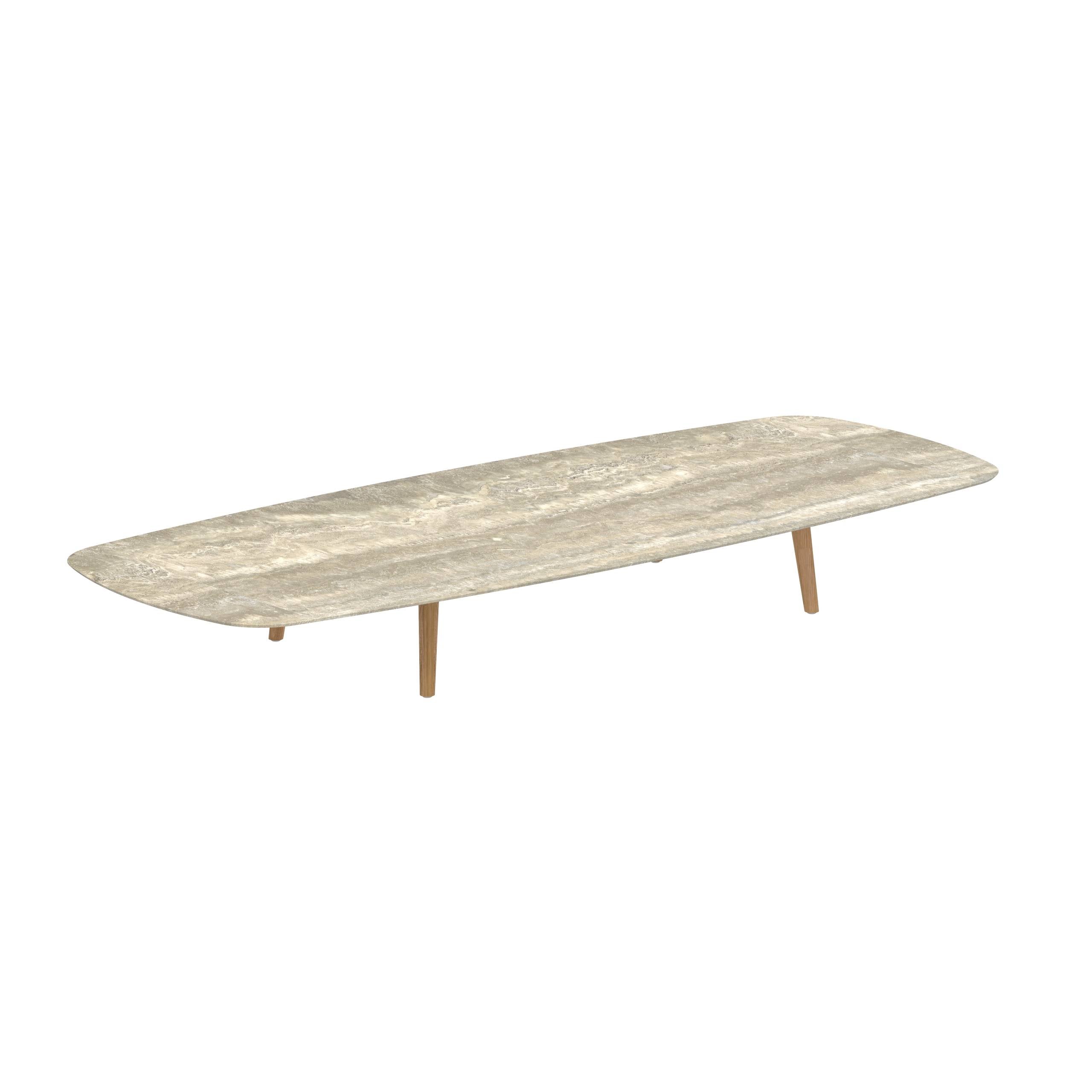 Styletto Low Lounge Table 300x120cm Teak Legs Ceramic Top Travertino