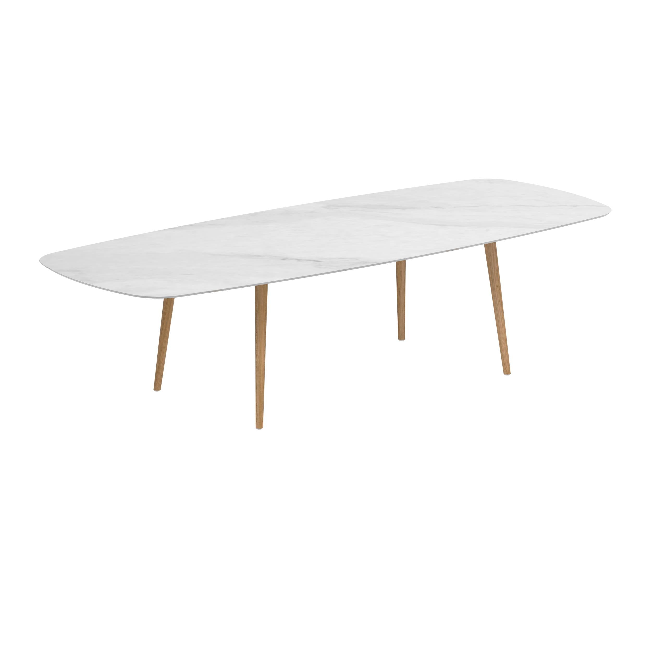 Styletto Standard Dining Table 300x120cm Teak Legs Ceramic Top Bianco Statuario