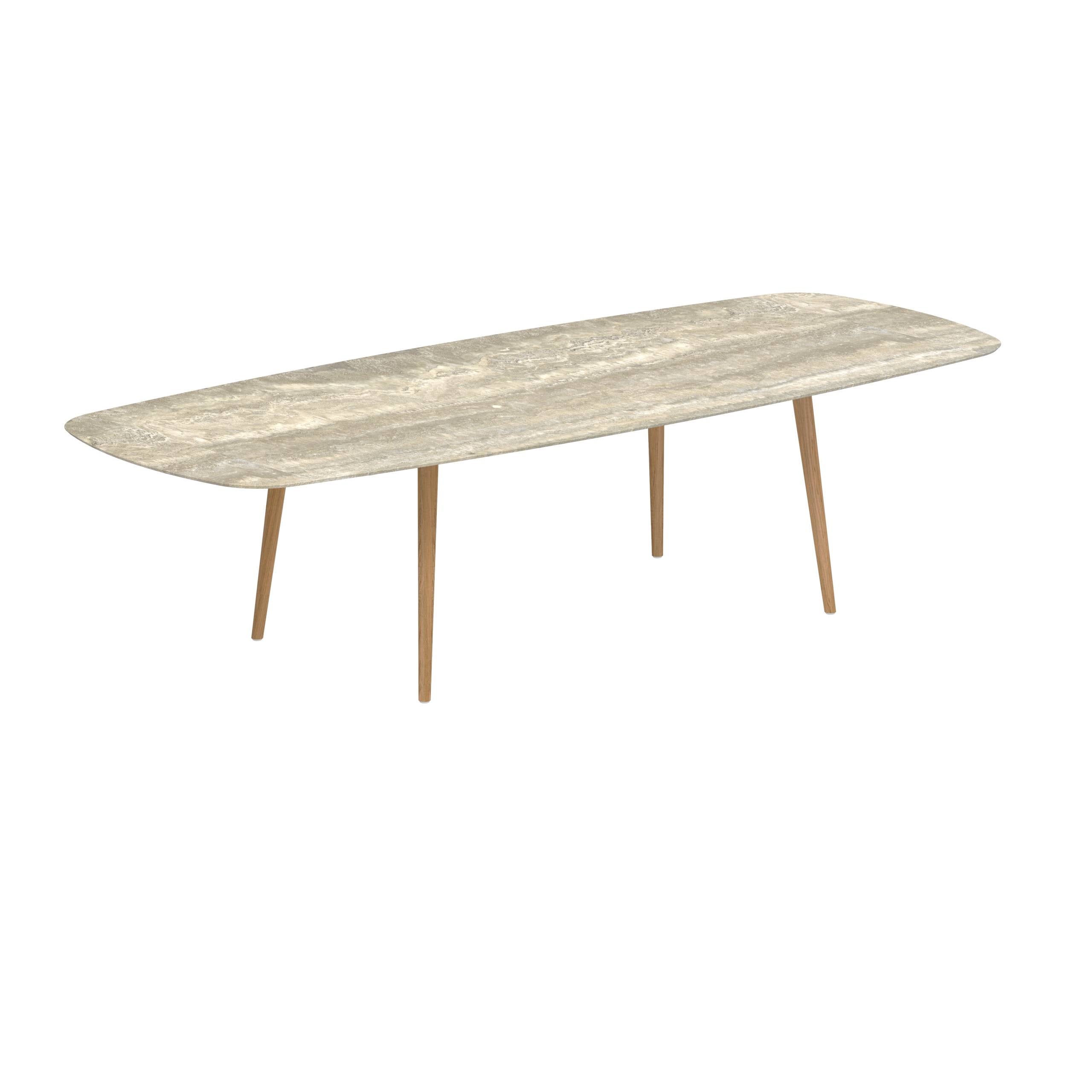 Styletto Standard Dining Table 300x120cm Teak Legs Ceramic Top Travertino