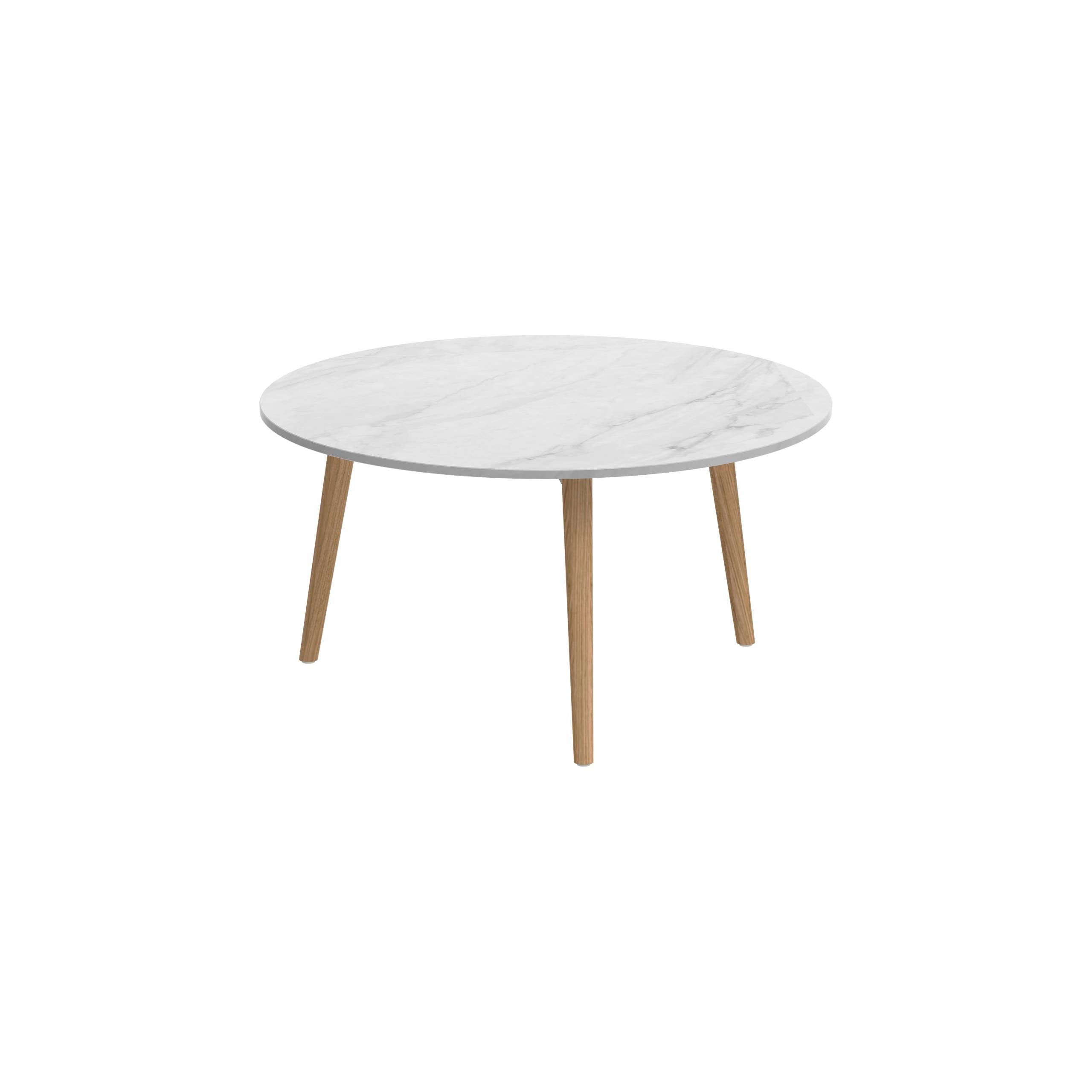 Styletto Side Table Ø75cm Teak Legs Ceramic Top Bianco Statuario