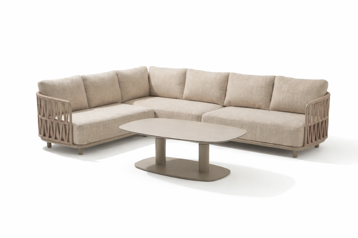 4 Seasons Outdoor Santino 6 Seat Corner Set Paros 140cm Drum Ceramic Table & Corner Cushion