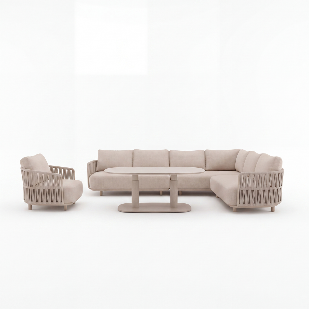 4 Seasons Outdoor Santino 7 Seat Corner Set Paros HAT140cm Drum Ceramic Table, Corner Cushion & Armchair