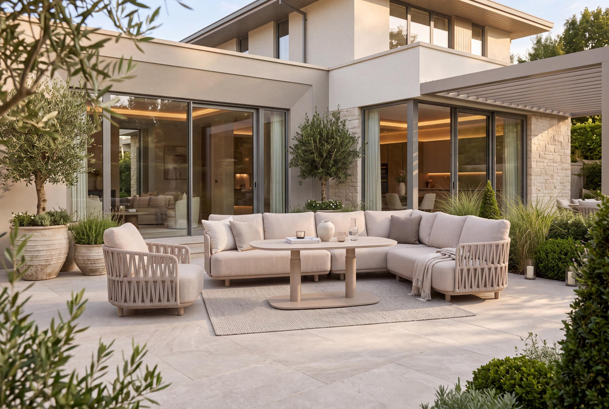 4 Seasons Outdoor Santino 7 Seat Corner Set Paros HAT140cm Drum Ceramic Table, Corner Cushion & Armchair