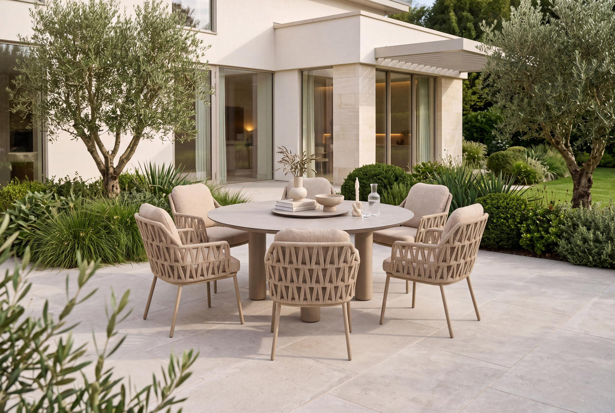 4 Seasons Outdoor Santino 6 Seat Donato 160cm Round Ceramic Dining Table & Lazy Susan