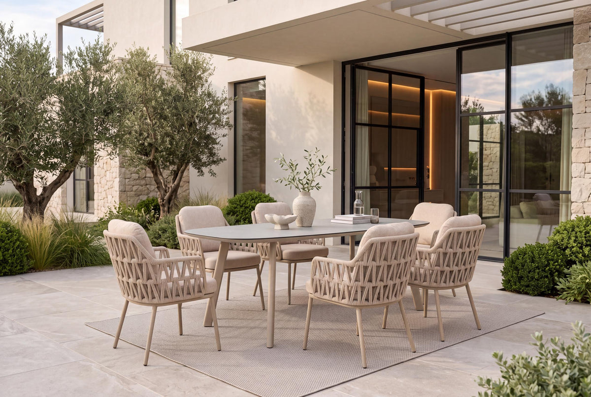 4 Seasons Outdoor Santino 6 Seat Manolo 240cm Barrel Ceramic Dining Table