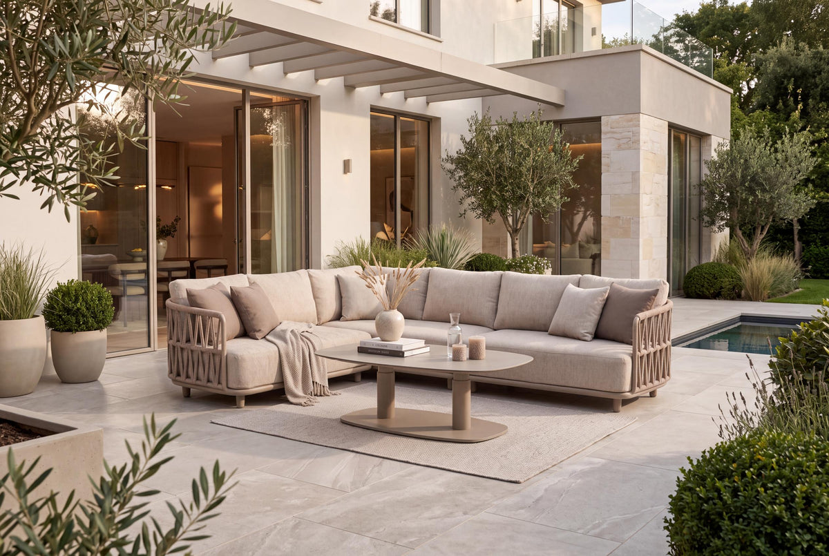 4 Seasons Outdoor Santino 6 Seat Corner Set Paros 140cm Drum Ceramic Table & Corner Cushion