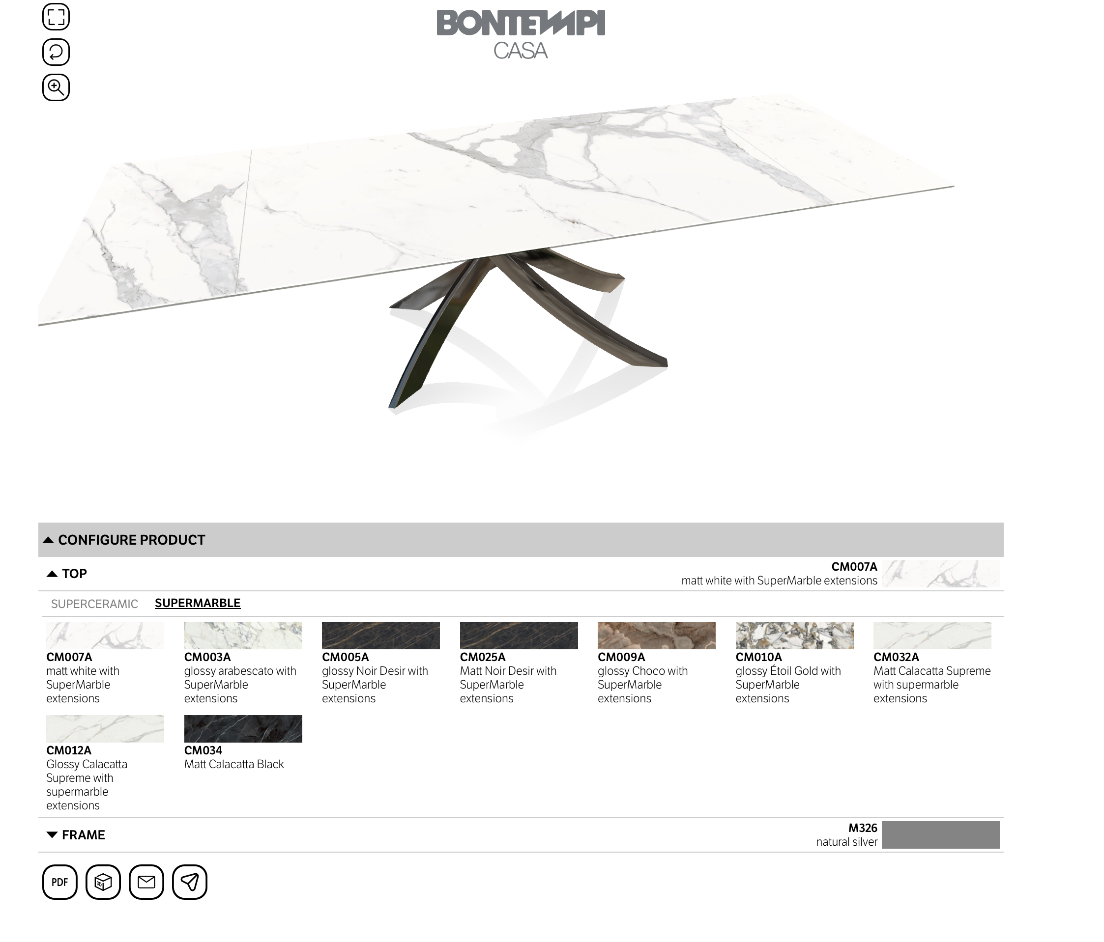 Ex Display Bontempi Artistico 160cm Dining Table Extending To 240cm - Glossy Arabascato Supermarble CM003A Natural Silver Frame M326