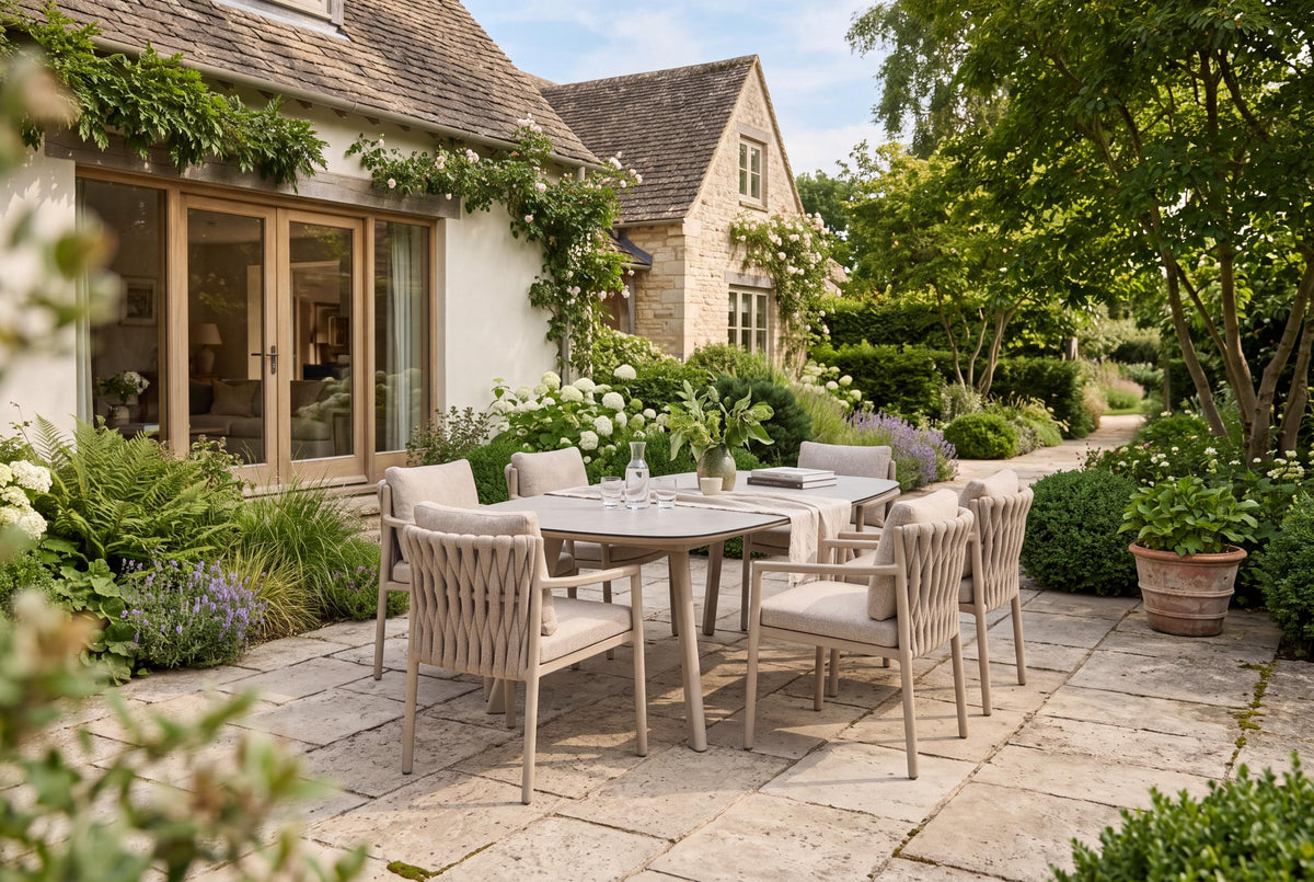 4 Seasons Outdoor Solenza 6 Seat Manolo 240cm Barrel Ceramic Dining Table