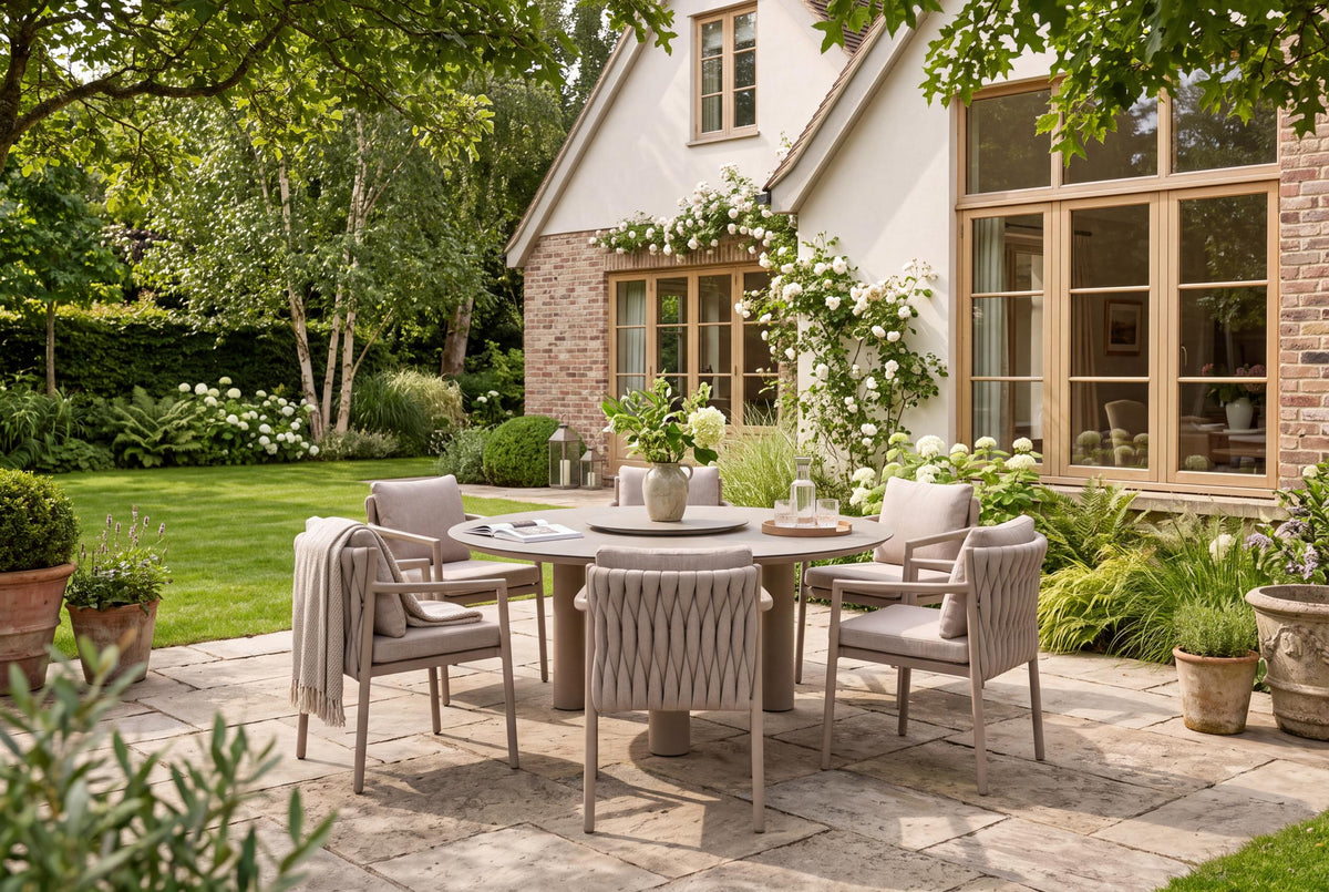 4 Seasons Outdoor Solenza 6 Seat Donato 160cm Round Ceramic Dining Table & Lazy Susan