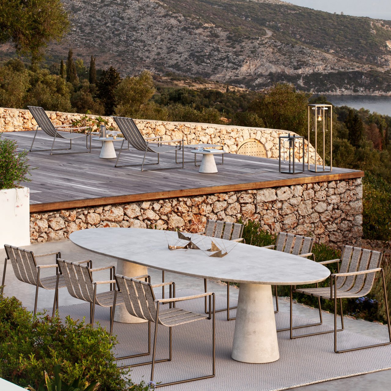 Conix Table 300x120 Cm High Lounge Legs Concrete Cement Grey - Table Top Ceramic Bianco Statuario