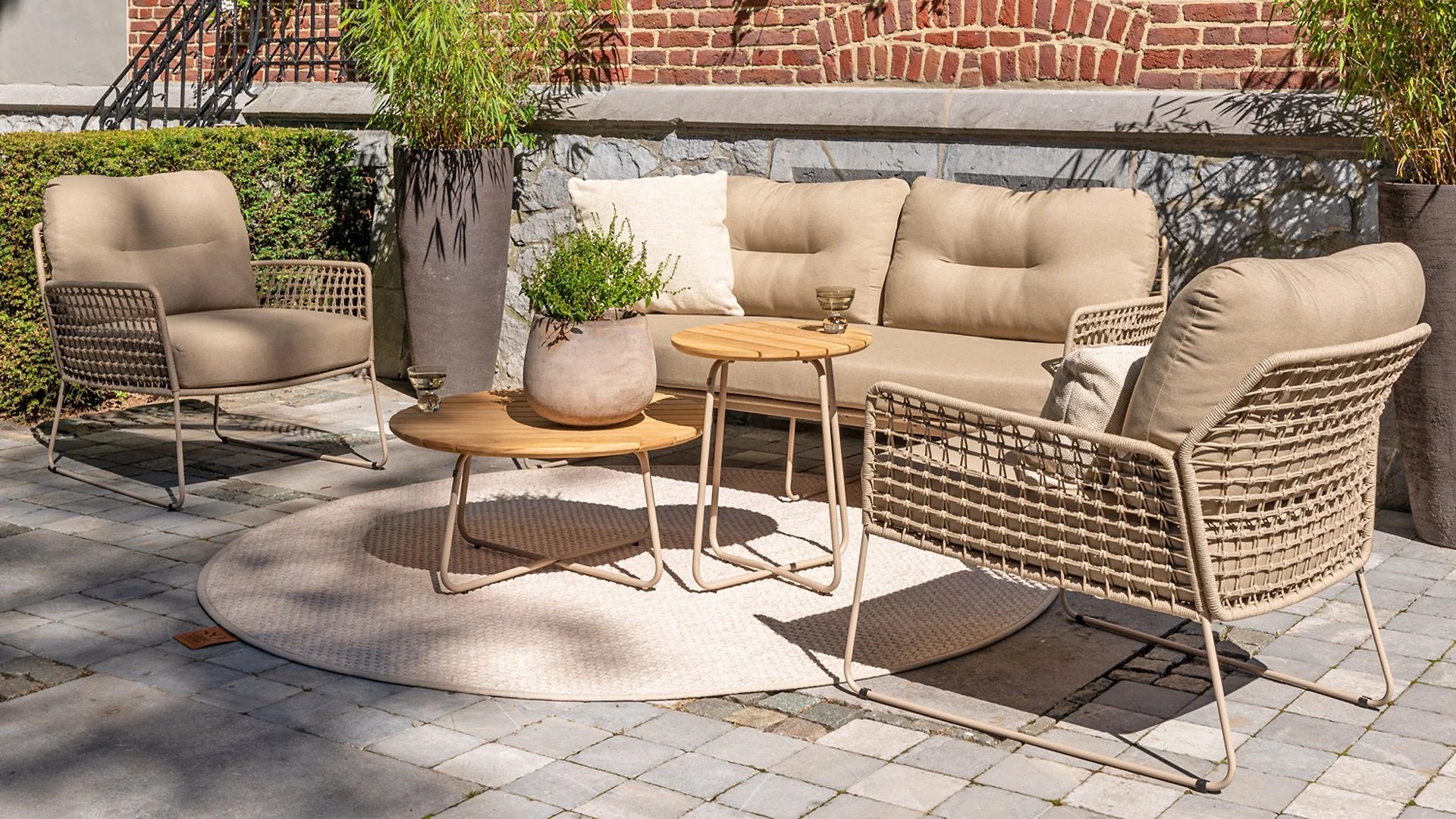 4 Seasons Outdoor Albano 4 Seat Bench Set with Footstool and Zucca Table