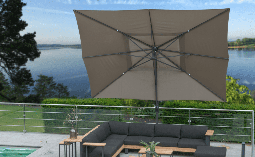 4 Seasons Outdoor Meteoro Corner Set With HPL Coffee Table & Hacienda Parasol