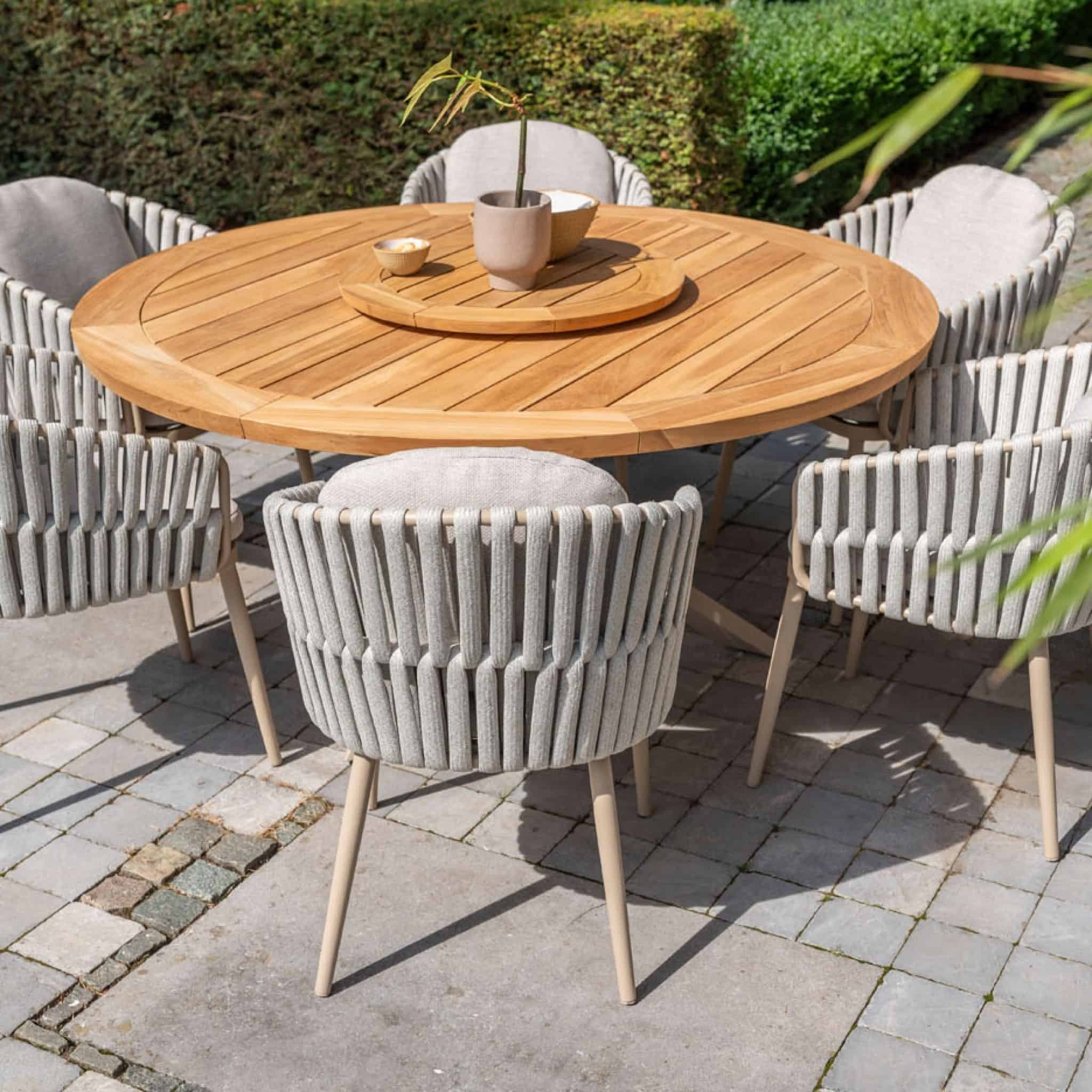 4 Season Outdoor Prado 160cm Latte Legs Teak Top Table with 6 Eva Dining Chairs
